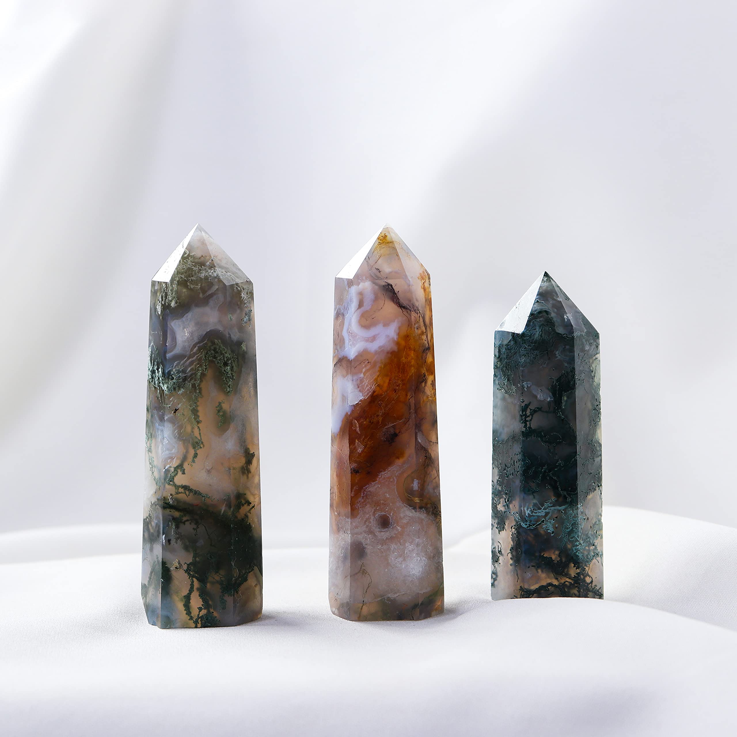 Runyangshi Natural Healing Crystals Aquatic Agate Wands 2-2.4 Moss Agate Single Point Healing Crystal Tower Green Water Plant Ag
