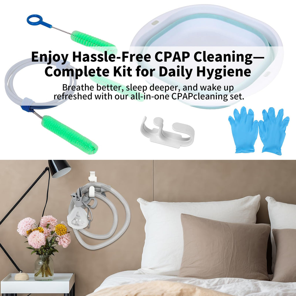 CPAP Hose Cleaner Kit - CPAP Tube Cleaning Brush, CPAP Hose Brush, LongFlexible CPAP Tube Brush with Basin, Drying Hook & Gloves