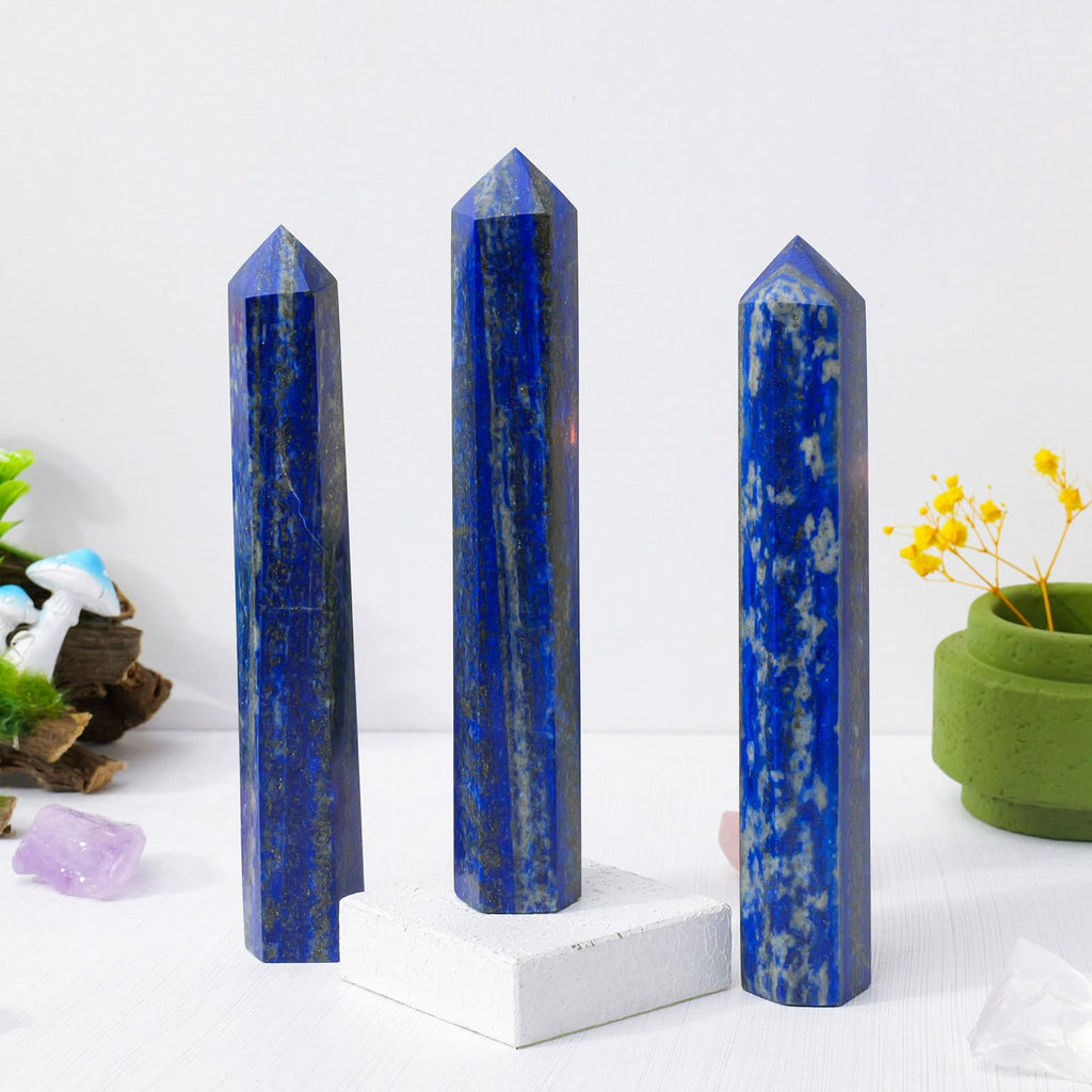 Apengshi 1PCS Natural Crystal Lapis Lazuli Tower 5.9-6.3 (15-16cm) 6 Faceted Single Point Prism Healing Crystal Wand for Meditat