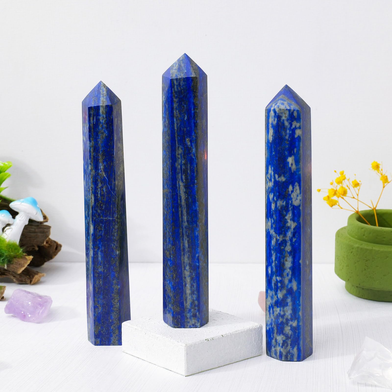 Apengshi 1PCS Natural Crystal Lapis Lazuli Tower 5.9-6.3 (15-16cm) 6 Faceted Single Point Prism Healing Crystal Wand for Meditat