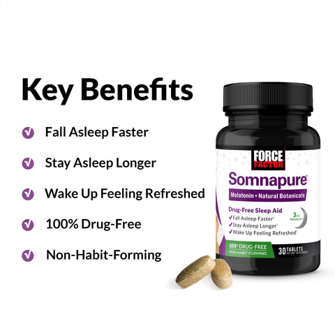 Force Factor Somnapure Drug-Free Sleep Aid for Adults with Melatonin, Valerian Root, and Lemon Balm, Non-Habit-Forming Sleeping 