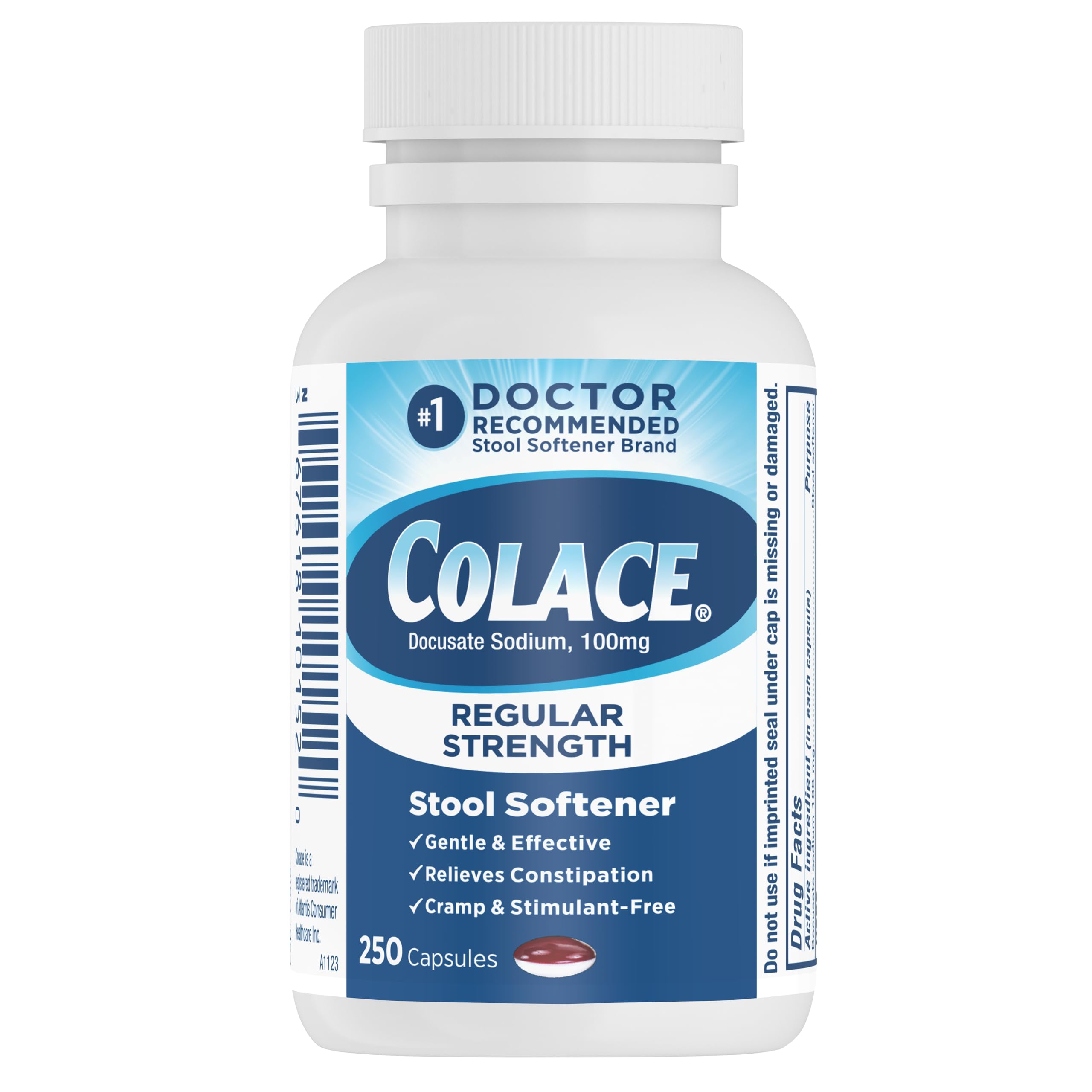 Colace Regular Strength Stool Softener, 100 mg Capsules, 250 Count, Docusate Sodium Stool Softener for Gentle, Dependable Relief