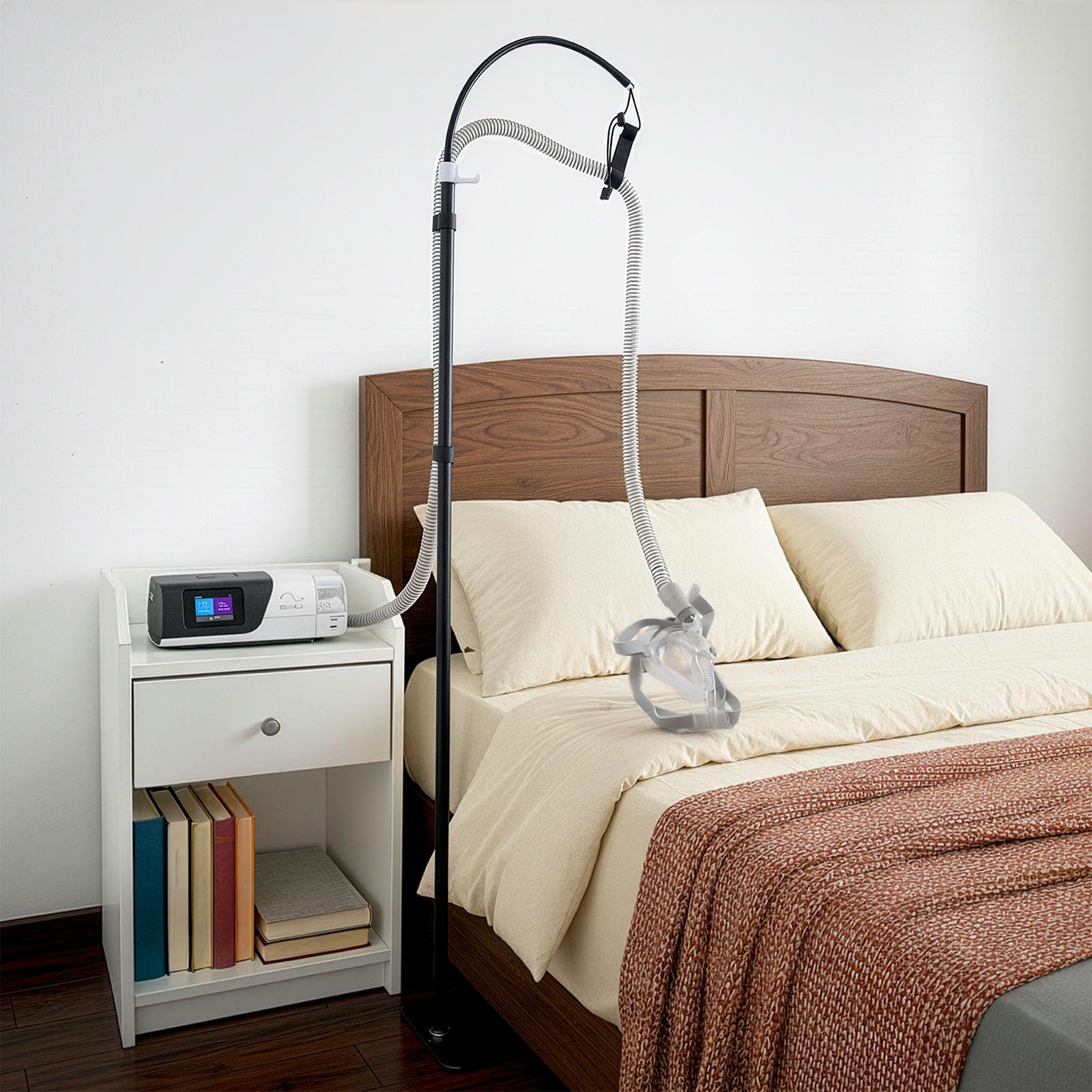 CPAP Hose Holder Stand for Improving Sleep Comfort- Customizable Height & Position for All Bed Heights, Includes Mask Hook & Tub