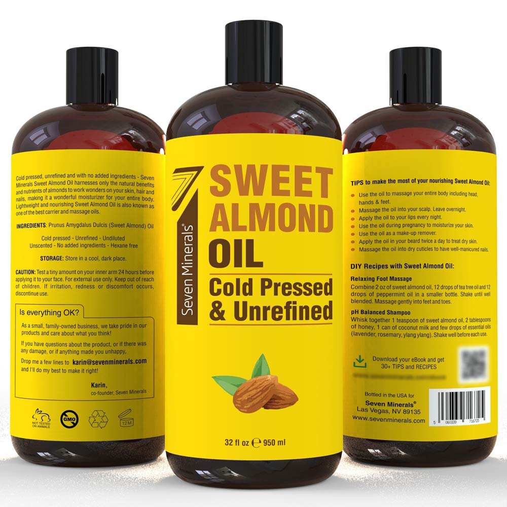 Seven Minerals, Pure Cold Pressed Sweet Almond Oil - Big 32 fl oz Bottle - Unrefined &100% Natural - For Skin & Hair, with No Ad