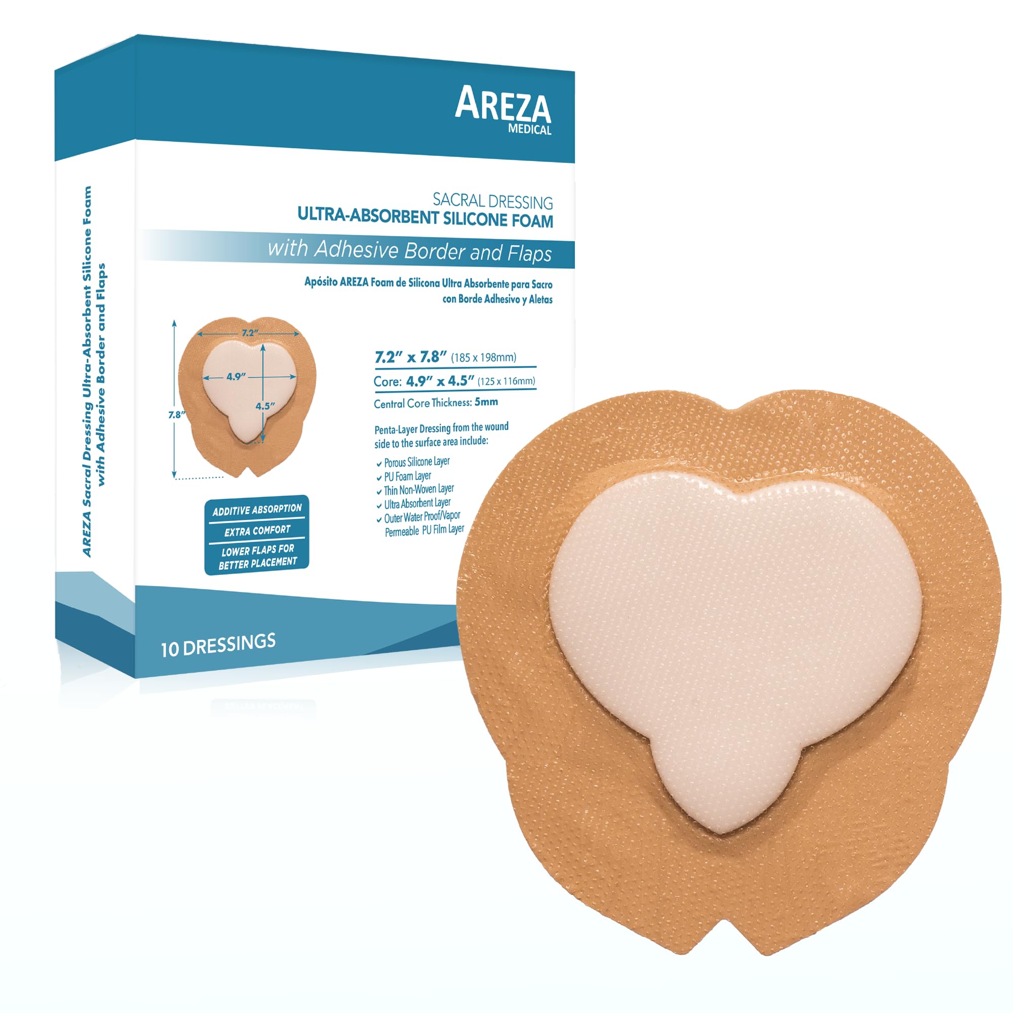 Areza Medical - Silicone Foam with Super-Absorbent Layer - Wound Dressing - Waterproof - with Adhesive Border - Sterile - Design