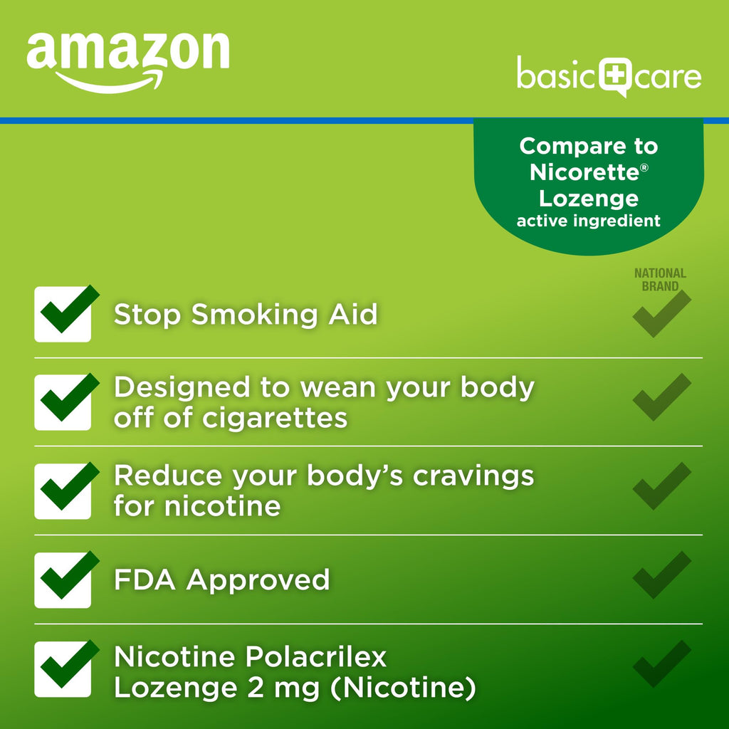 Amazon Basic Care Nicotine Polacrilex Lozenge 2 mg (nicotine), Stop Smoking Aid, Mint Flavor, 144 Count (Packaging may vary)