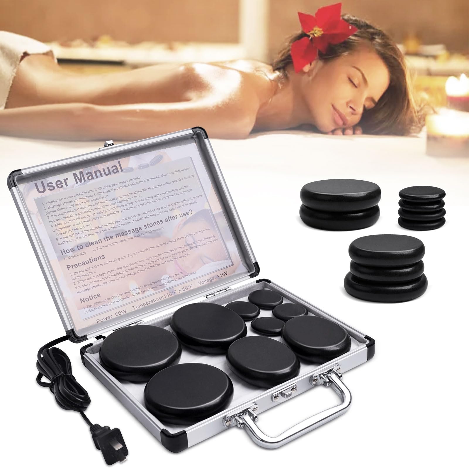 Hot Stones Massage Warmer Kit, 9Pcs Hot Stones Massage Set Portable Hot Stone with Heater, Hot Rocks Basalt Massage Stones for H