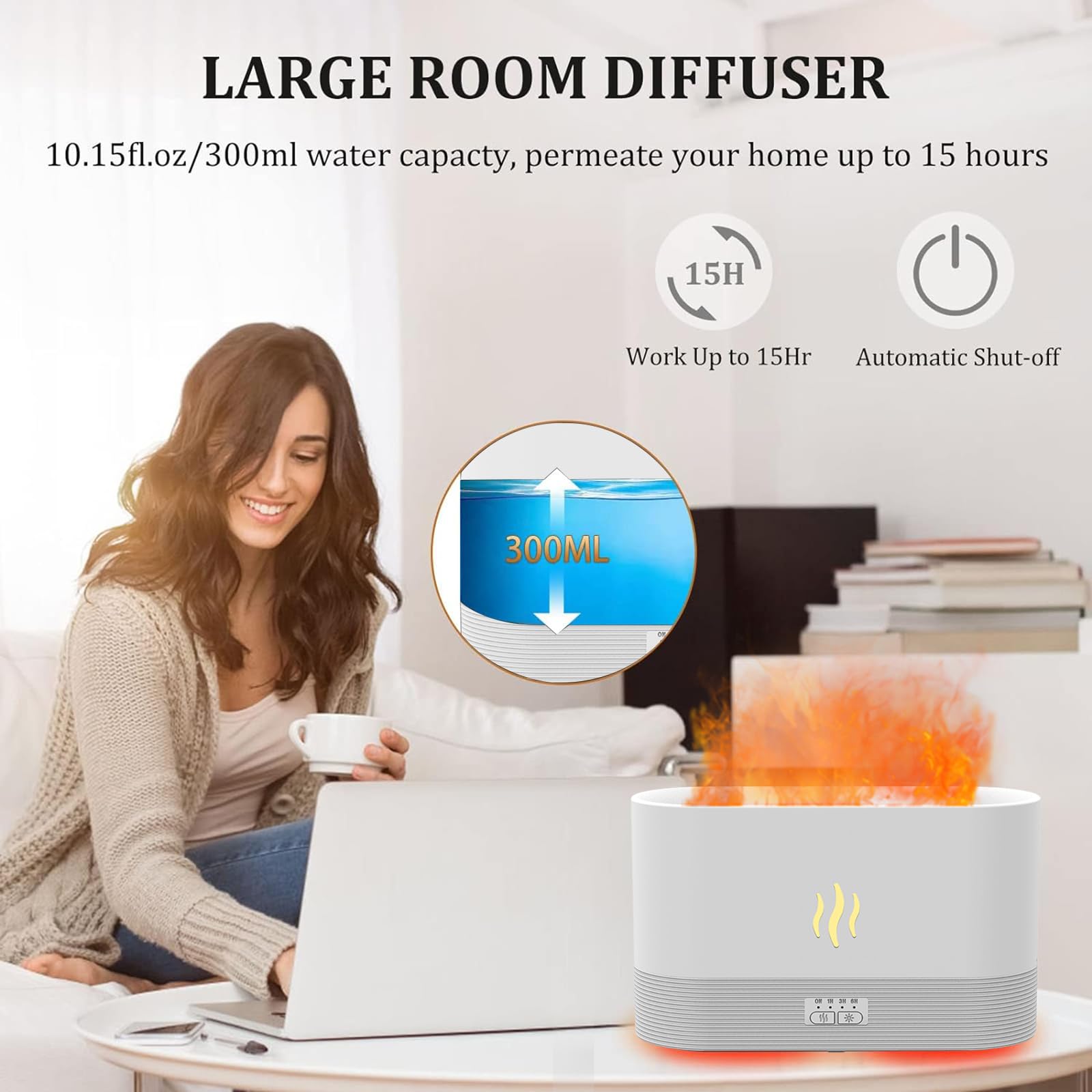 PLUWEL Flame Diffusers for Essential Oils Large Room-Upgraded 300ML Aroma Diffuser Humidifier with RGB Light-Remote Control for