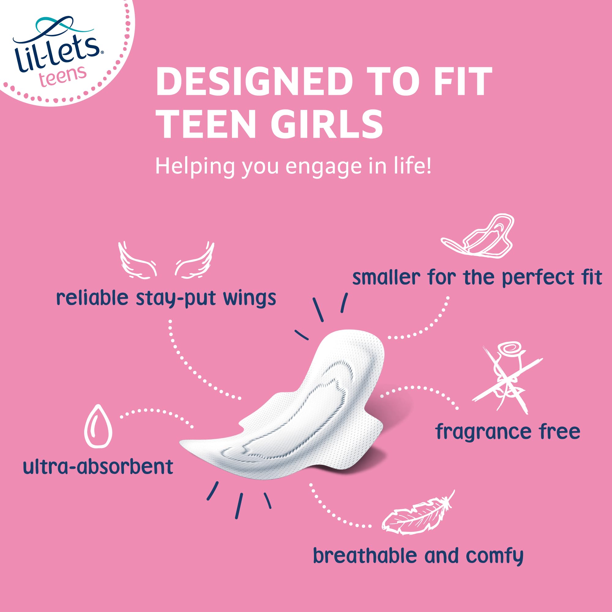 Lil-Lets Teens Long Pads with Wings - 60 Count Period Pads for Teens - Thin, Super Absorbent Sanitary Napkins, Soft & Breathable