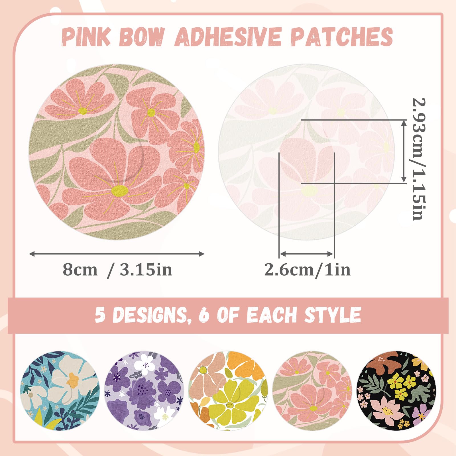 Geiserailie 30 PCS Adhesive Patch Compatible with Dexcom G7 Pre-Cut Flowers Pink Bow NO Glue in The Center Sensor Cover for Cont