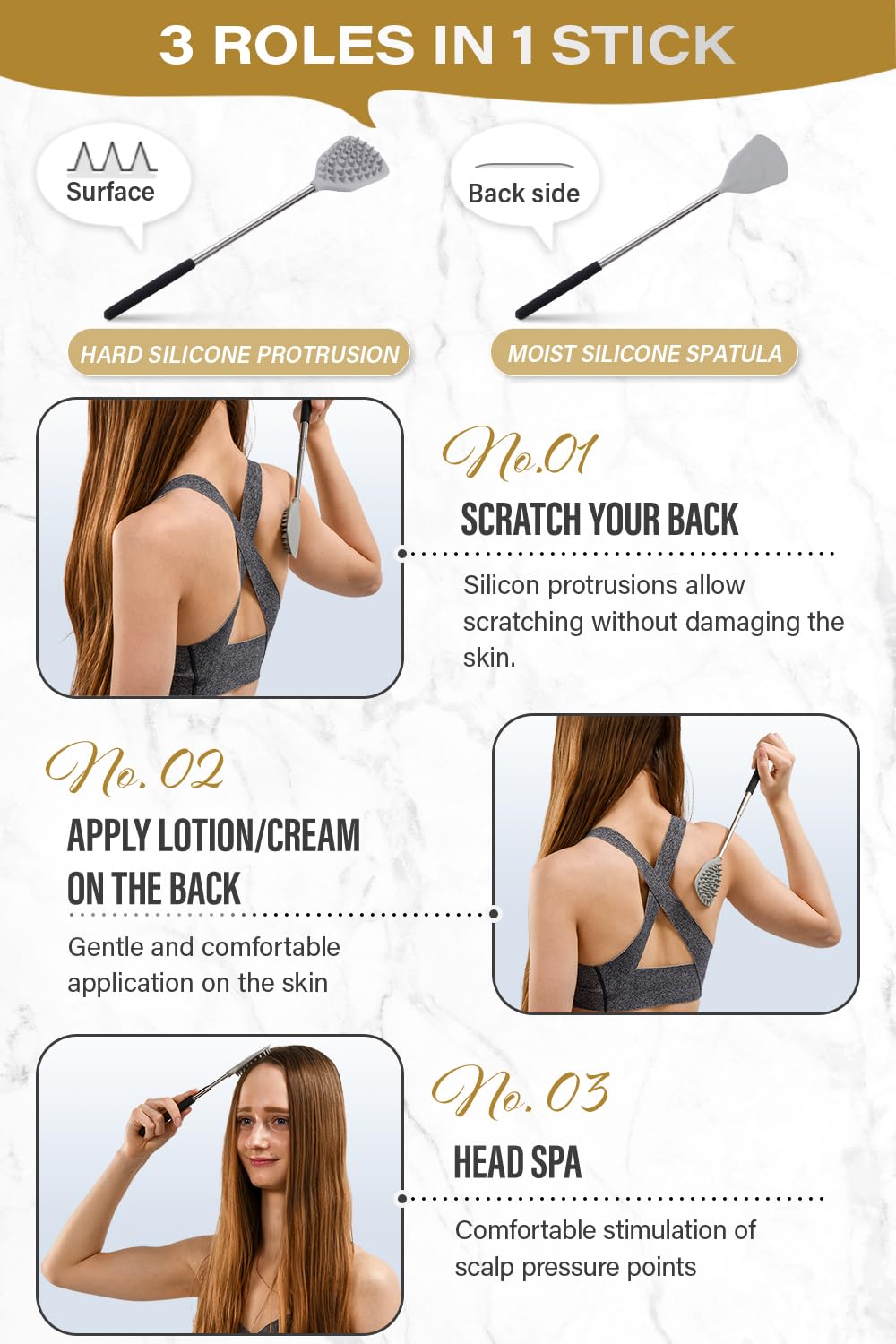 ROUNDS Back Scratcher Dont DamageYour Back Hard Silicon Protrusion Cream applicator Head spa Portable Extendable Telescoping