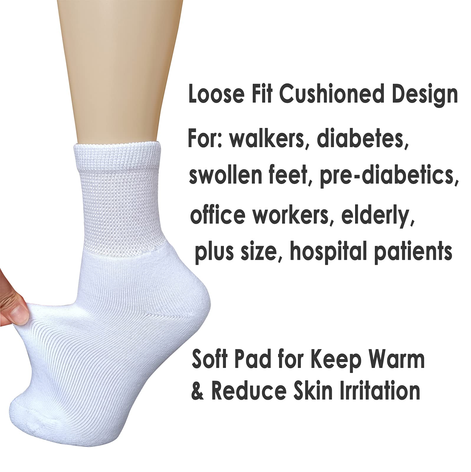 VEIGIKE Women Diabetic Socks Soft Breathable Moisture Wicking Quarter Ankle Socks, Extra Wide Non-Binding Socks 4 Pairs, White-4