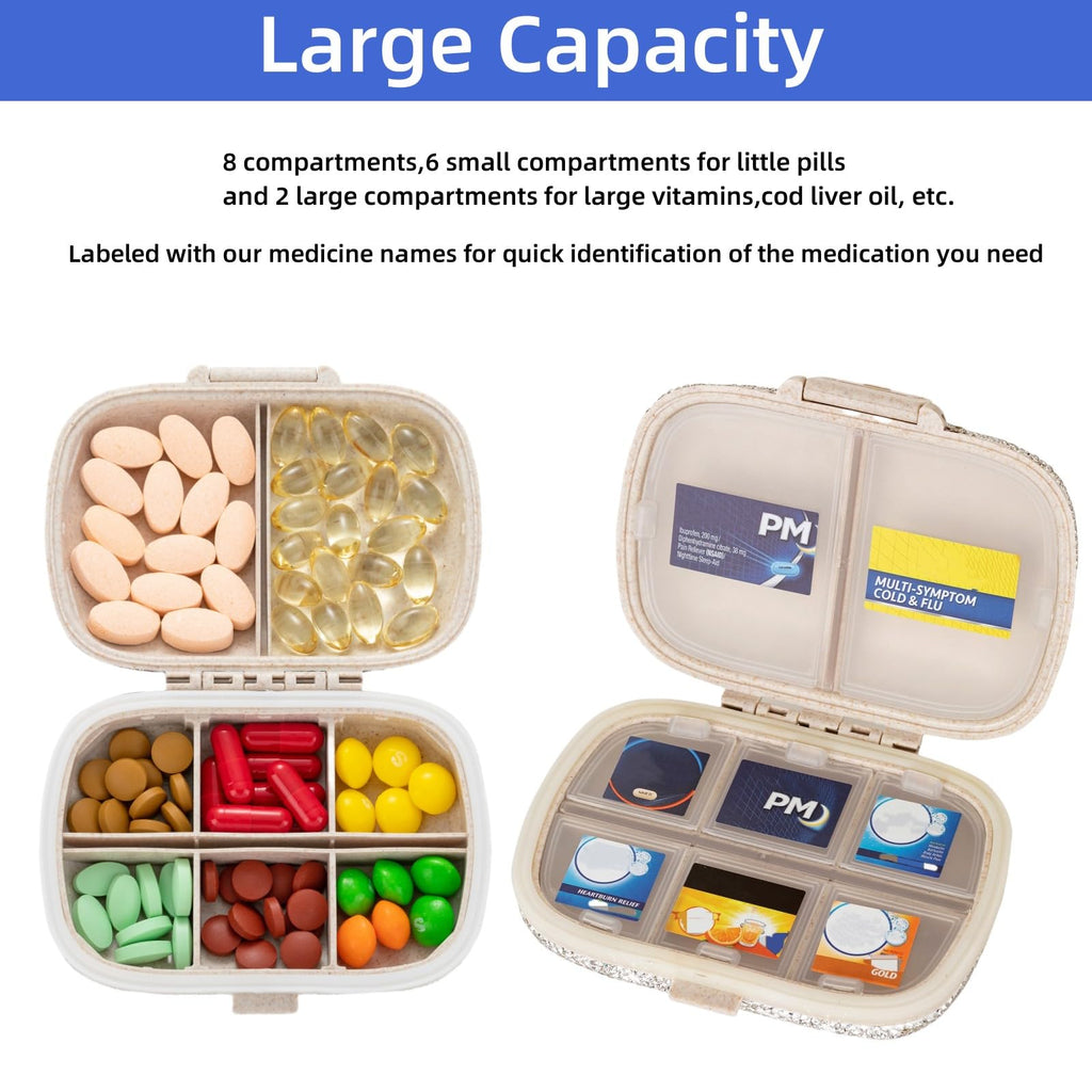EveryBling Pill Organizer with Labels Bling Pocket Pill Case with Stickers Travel Medicine Kit Holder Small Purse Pill Box Conta
