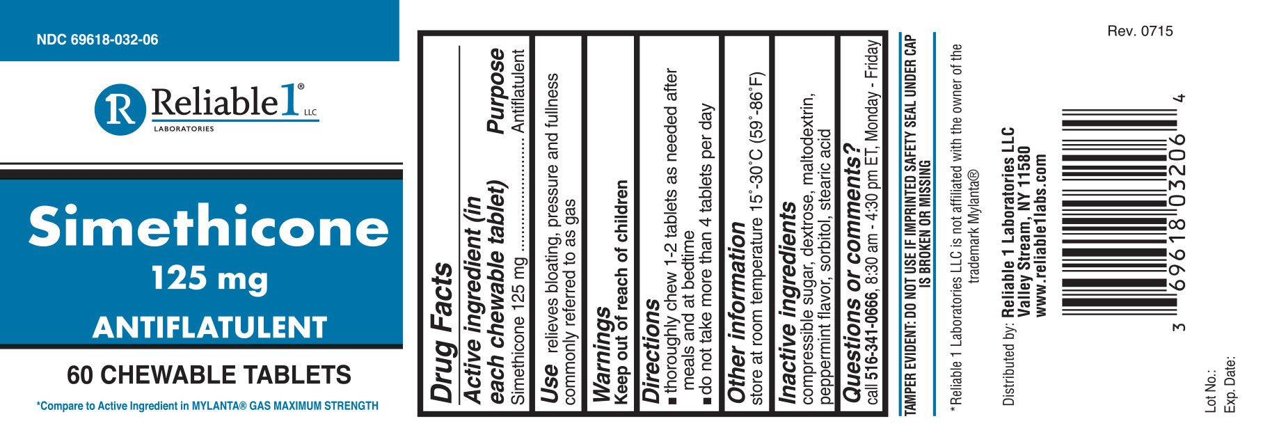 Reliable 1 Simethicone 125 mg Anti-Gas 60 Peppermint Tablets (2 Bottles)