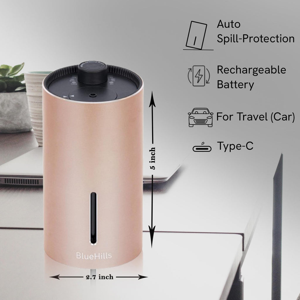 BlueHills Waterless Cordless Car Essential Oil Diffuser Aromatherapy Mini Compact Diffuser for Oils Large Room Portable USB Trav