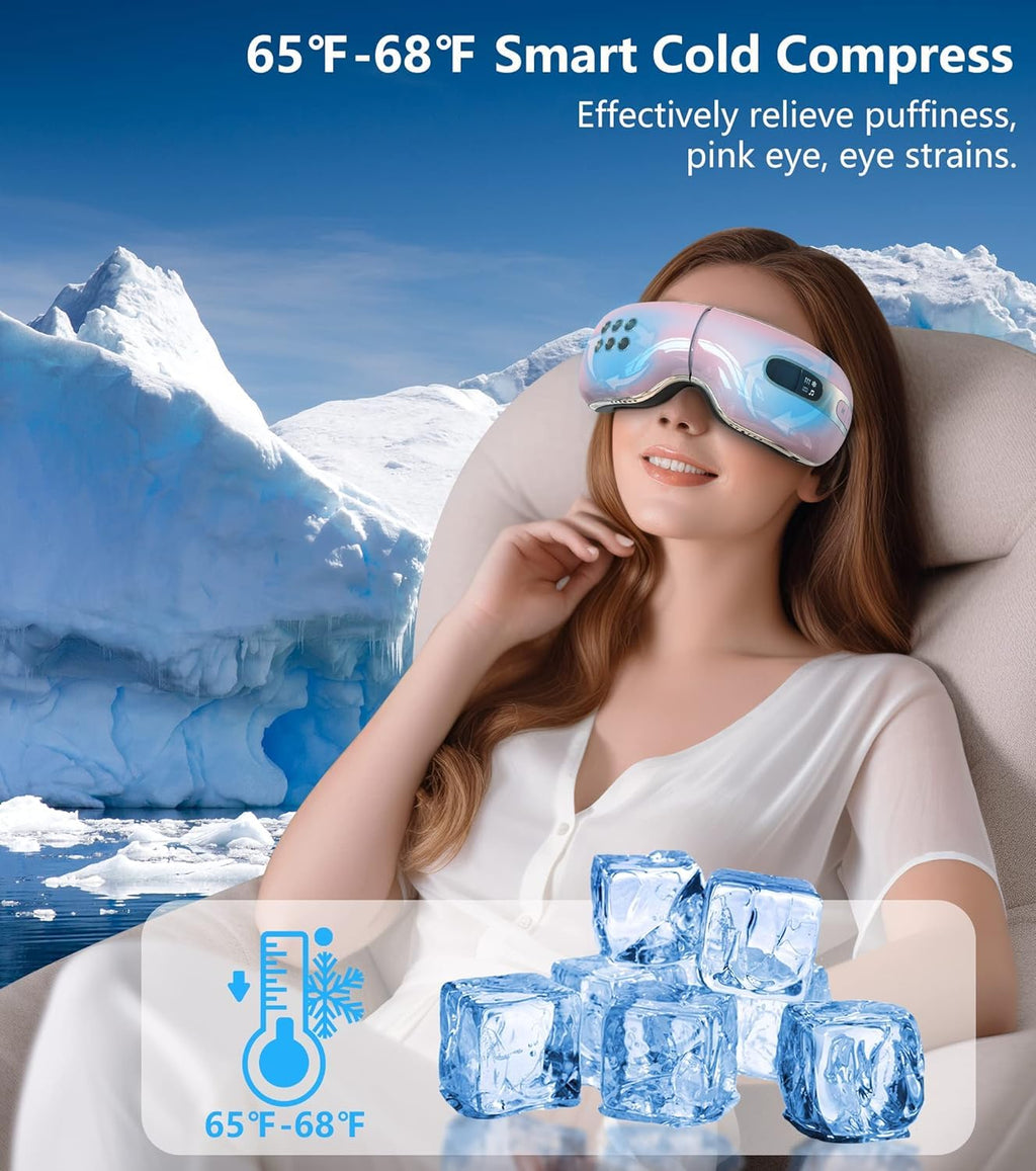 fmlave Eye Massager with Heat and Coolling for Migraines, Dry Eyes, Eye Strains, Eye Massager Mask Heat Cold Tech Bluetooth Musi