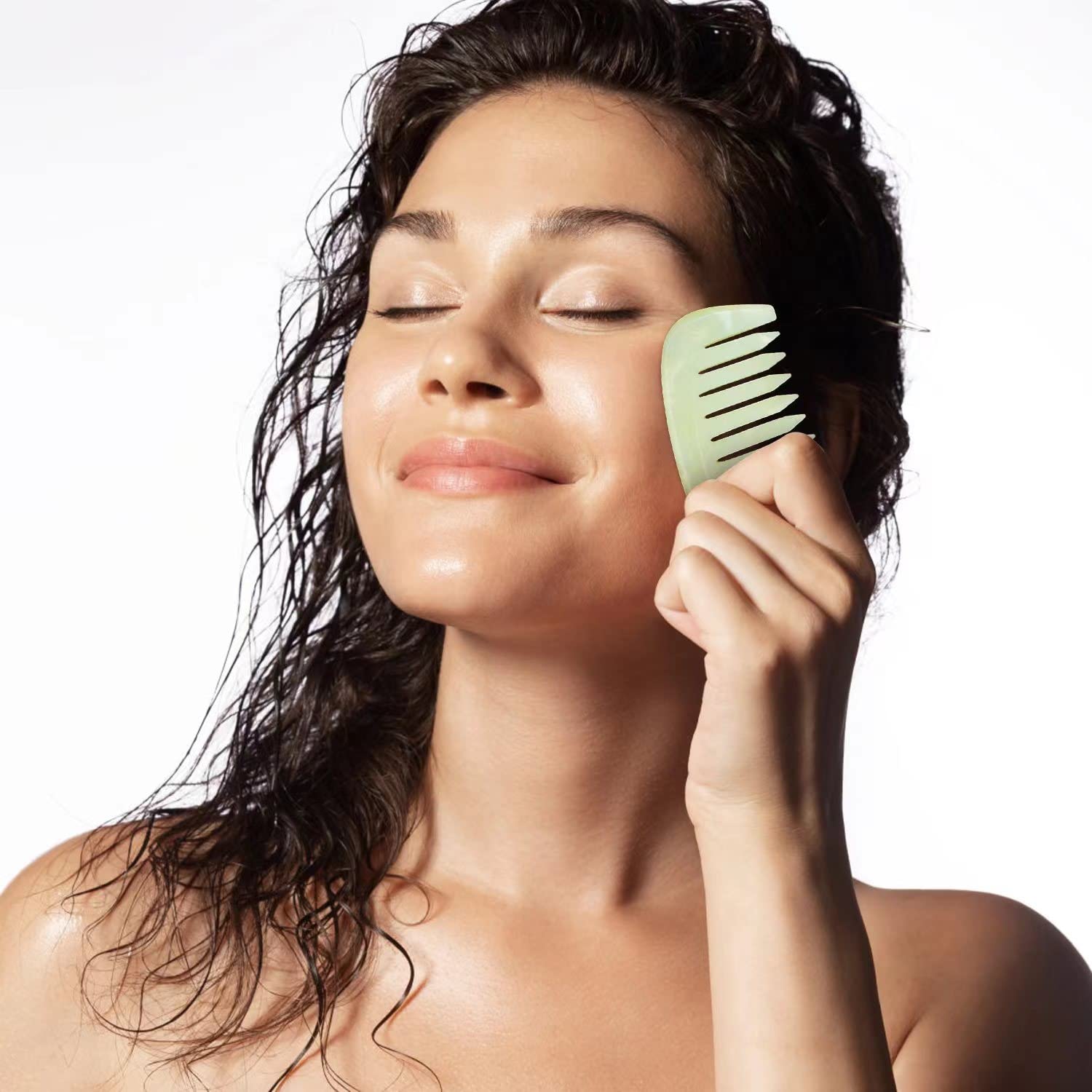 LEOSENSE Gua Sha Comb, Natural Jade Guasha Stone, Head Scalp Caring Massage Comb, Full Body Gua Sha Scraping Massage Tool, Jade