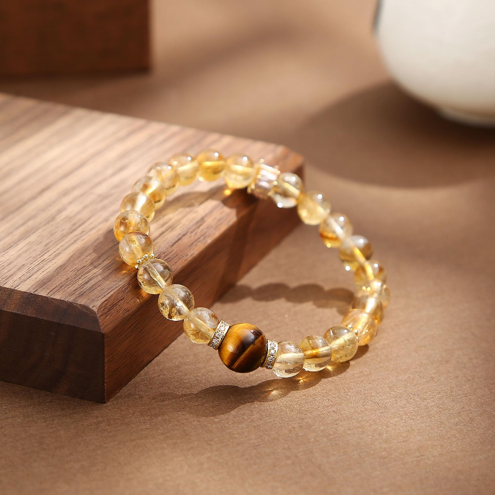Magiriam Citrine Crystal & Tigers Eye Stretch Bracelet with Zircon Inlay | 17CM Comfortable Elastic Fit | Healing Gemstone Brace