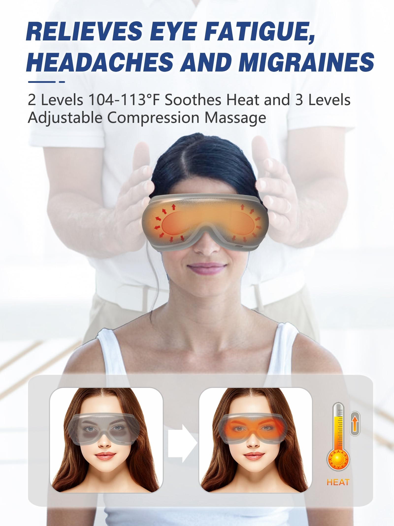 Eye Massager with Heat, Valentines Day Gifts for Him Her, Migraine Relief Massager with Compression and Bluetooth Music, Heated