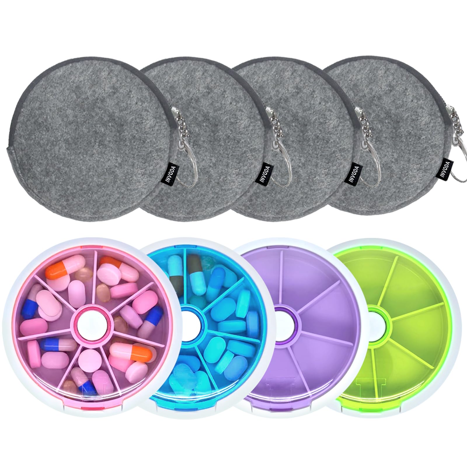 Pill Organizer Travel Pill Case for Purse Portable Pill Box Round Weekiy Pill Container for Vitamin Fish Oil Pills Supplements (