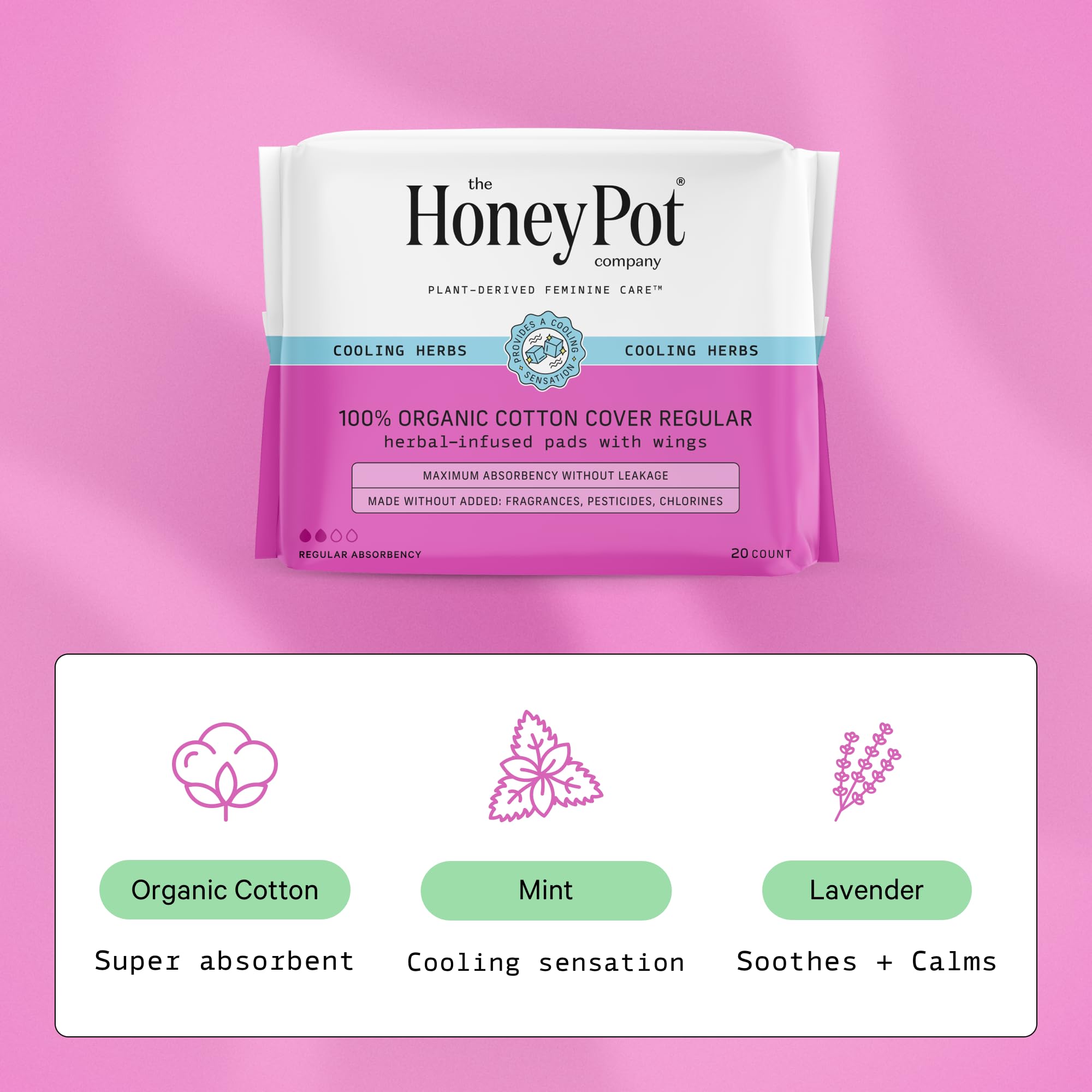 The Honey Pot Company - 80ct - Herbal Pads for Women - Regular Flow w/Wings - Infused w/Essential Oils for Cooling Effect & Orga
