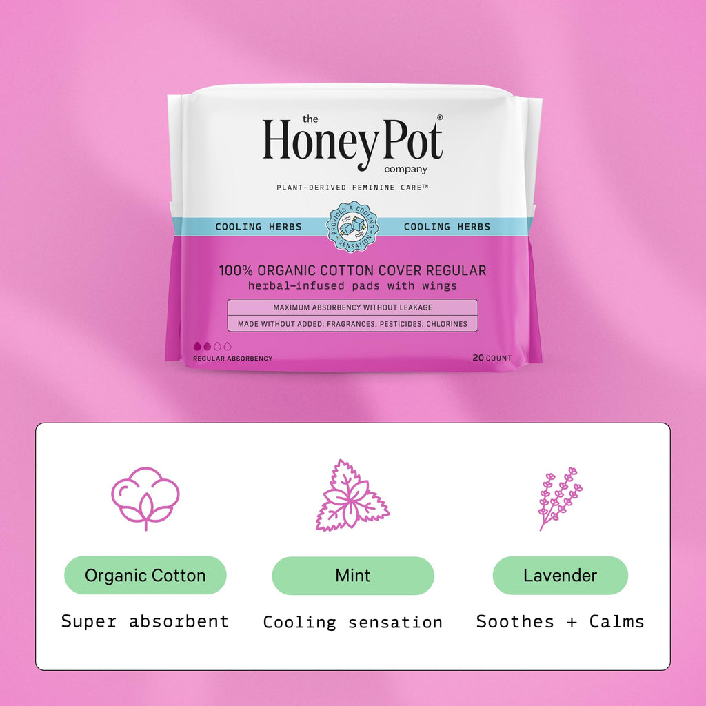 The Honey Pot Company - 80ct - Herbal Pads for Women - Regular Flow w/Wings - Infused w/Essential Oils for Cooling Effect & Orga