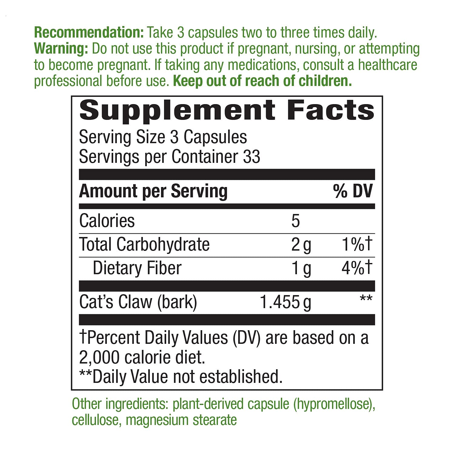 Nature's Way Cats Claw Bark, Traditional Health Tonic*, 1,455mg per serving, 100 Capsules