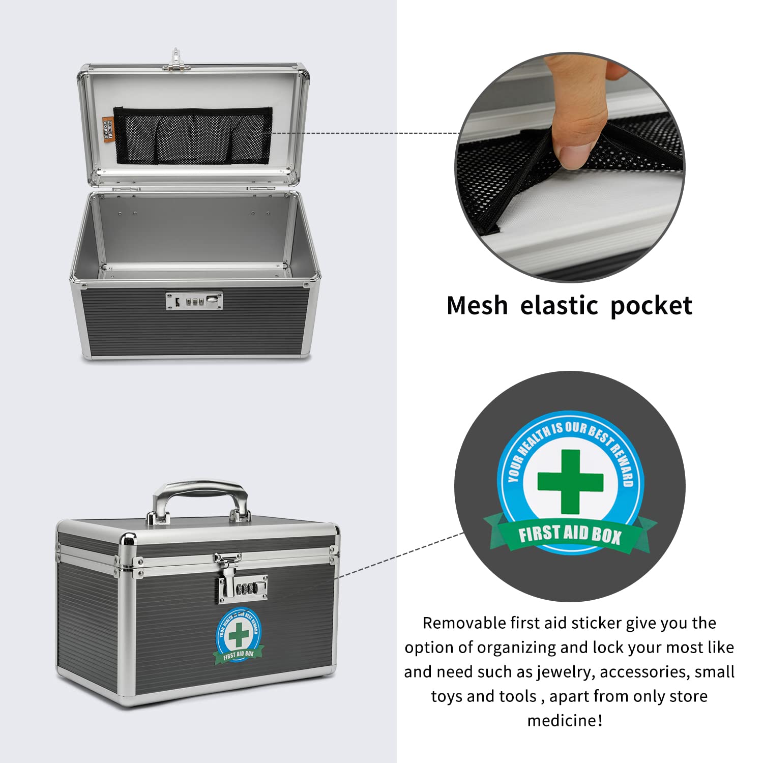 HEWEI WORKS Lockable Medication Box with Portable Storage Case, 12.2 x 7.2 x 7.6 Inch, Childproof Medicine Organizer with Combin