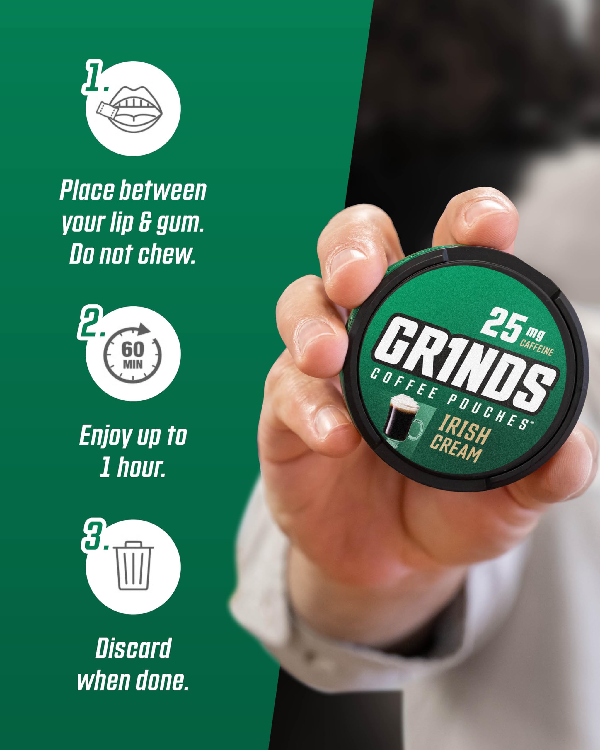 Grinds Coffee Pouches | Tobacco Free, Nicotine Free Healthy Alternative | 3 Cans of Irish Cream | 18 Pouches Per Can | 1 Pouch e