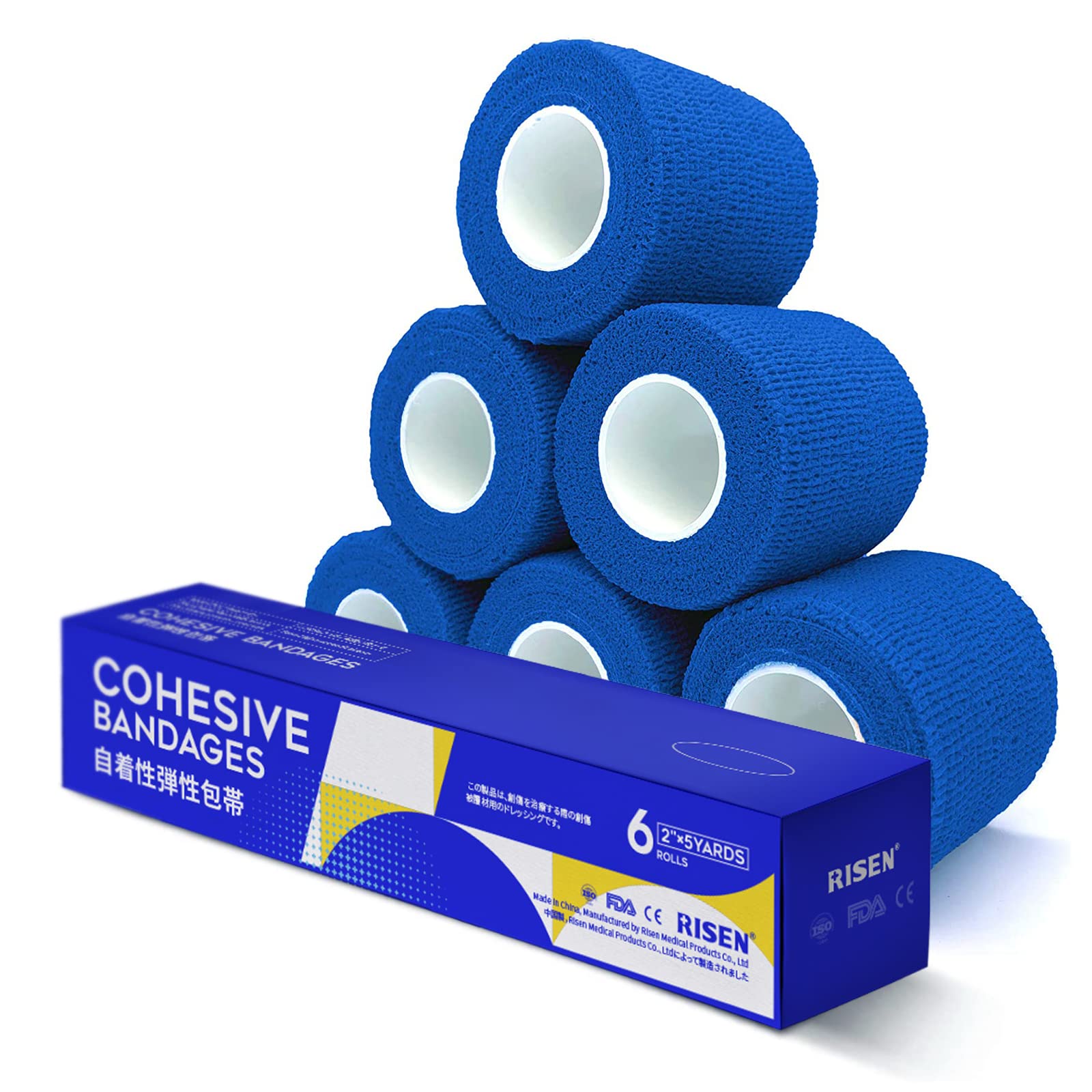 RISEN Cohesive Bandage 2    x 5 Yards, 6 Rolls, Self Adherent Wrap Medical Tape, Adhesive Flexible Breathable First Aid Gauze Id