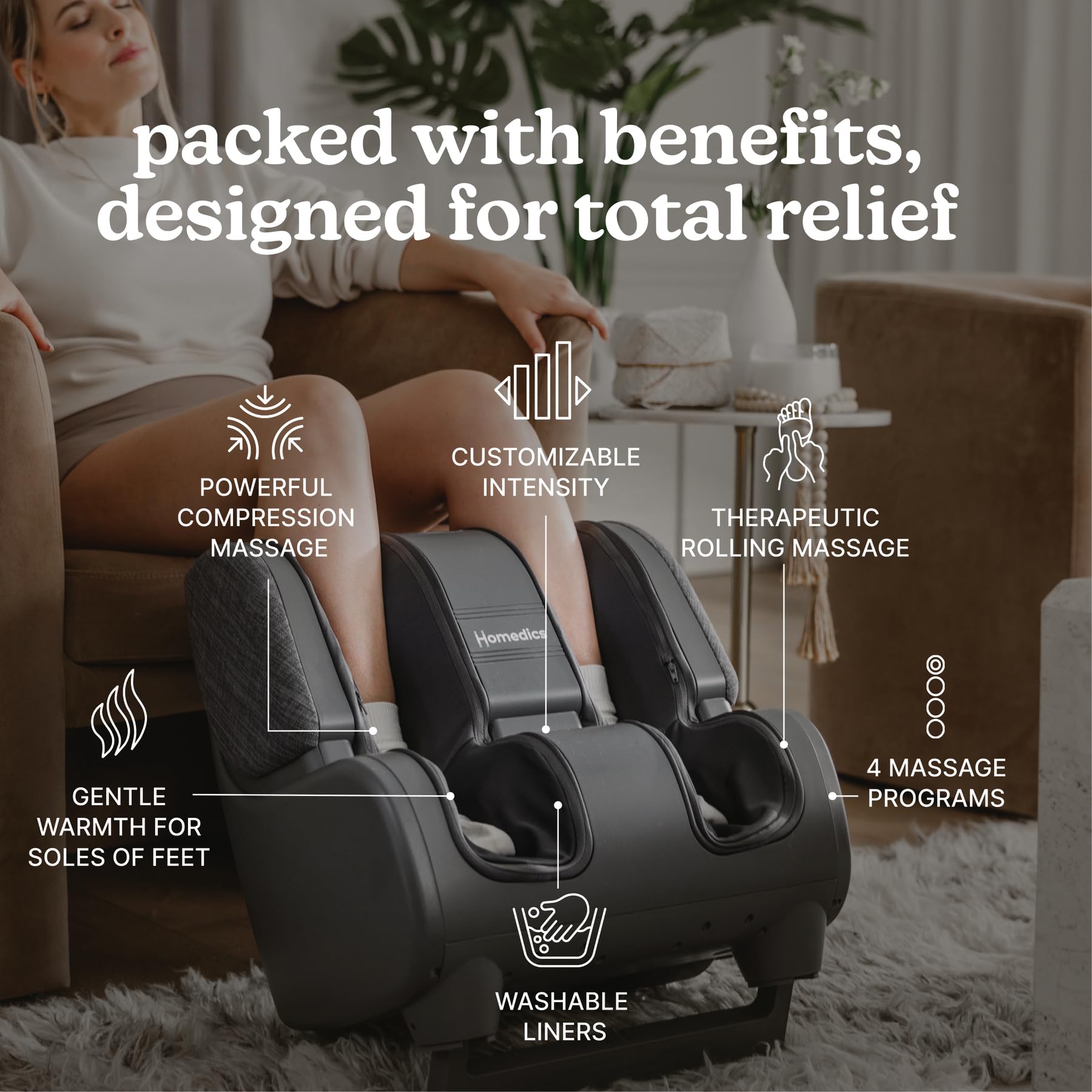 Homedics Deluxe Foot Massager & Calf Massager with Gentle Warmth, Rolling & Compression Massage, Adjustable Tilt, Washable Liner
