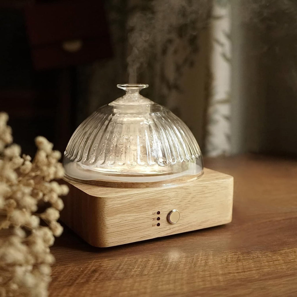 Glass Dome Essential Oil Diffuser with Glass Reservoir & Wood Base - No Plastic, 200ml Ultrasonic Diffuser for Aromatherapy with