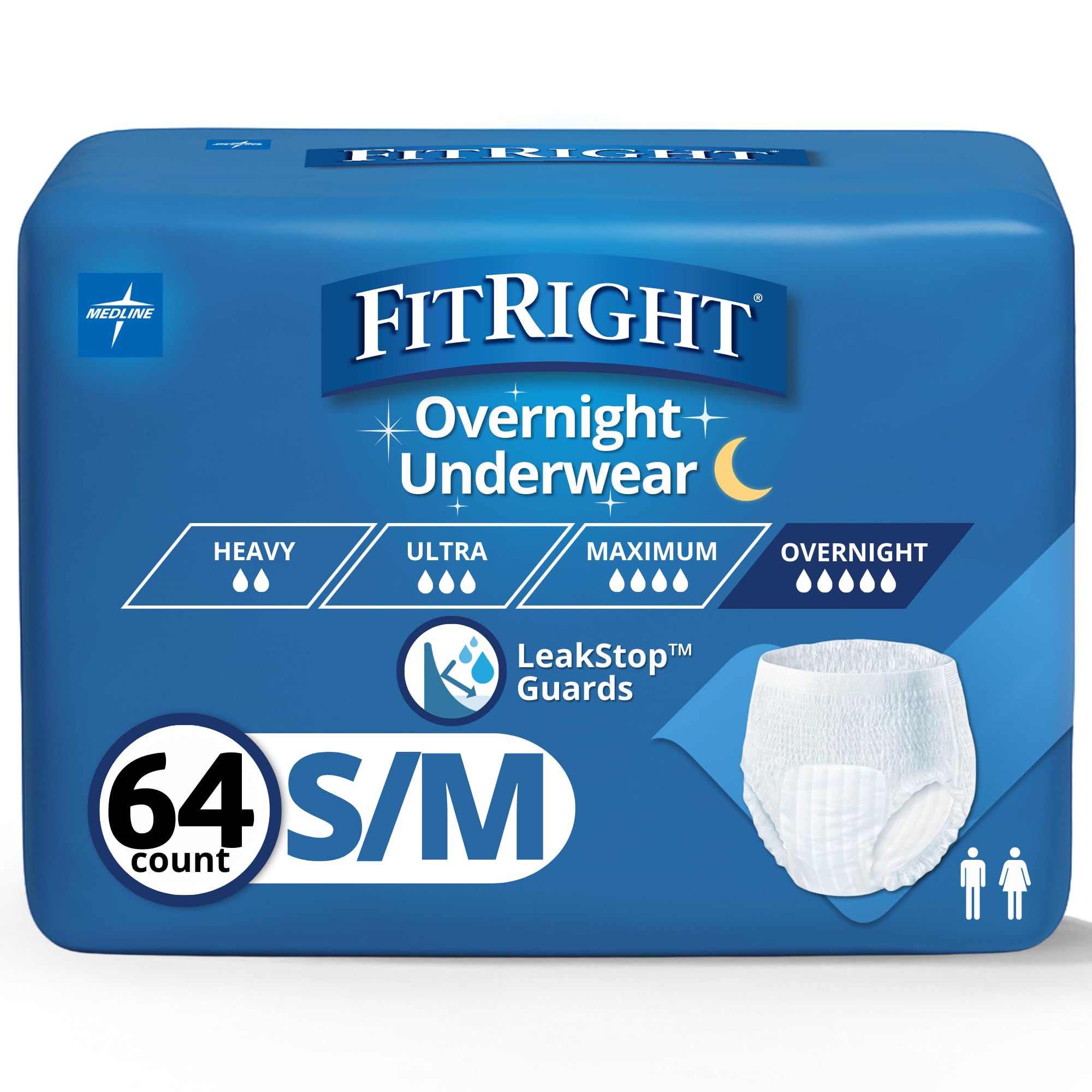 FitRight Overnight Unisex Underwear, Small/Medium (28-40 in Waist), 64 Count (4 Bags of 16), Maximum All Night Disposable Incont