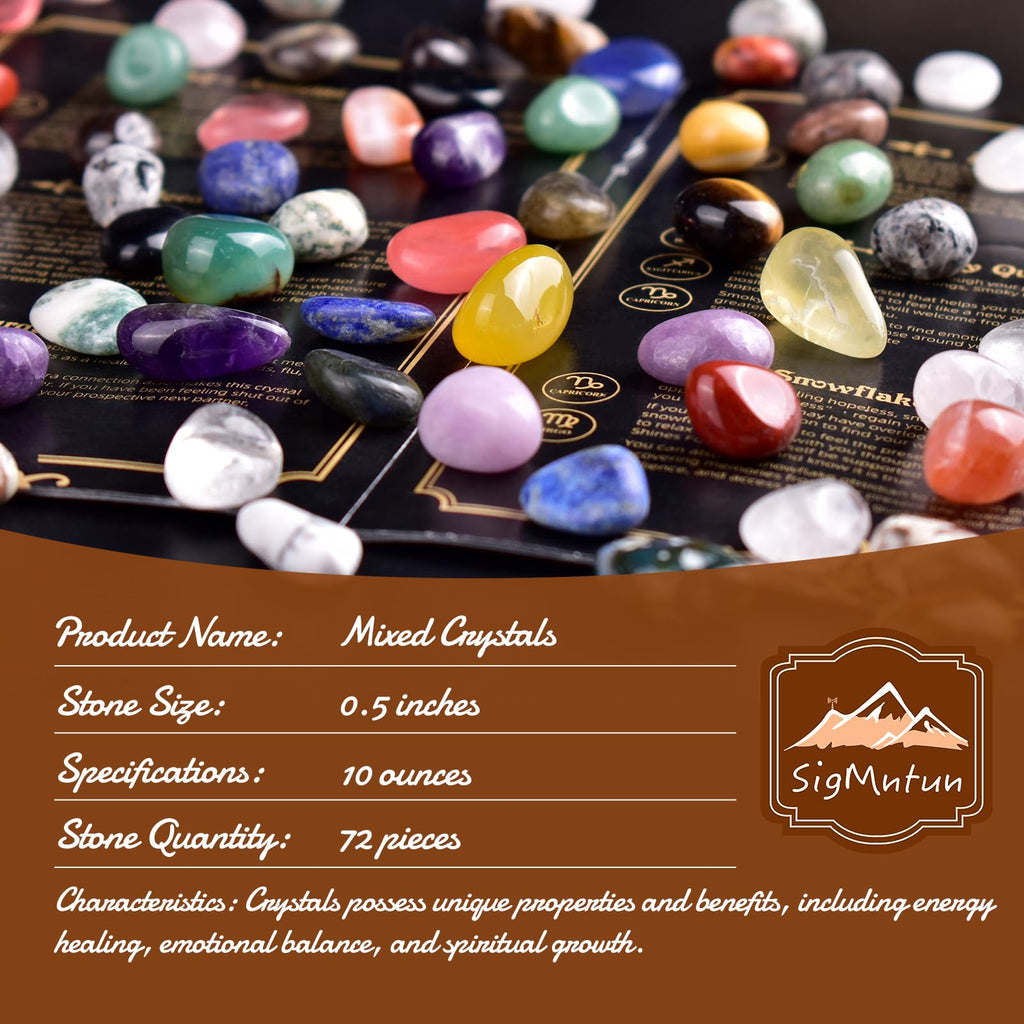 SigMntun Polished Multicolor Healing Crystal Stone Set, 72 Pcs, 0.5 Handpicked Tumbled Stones for Healing, Reiki, Meditation, Cr