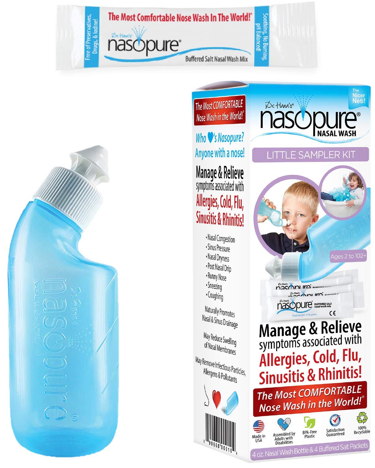 Nasopure Nasal Wash, Little Sampler Kit, The Nicer Neti Pot    Sinus Wash Kit, Comfortable Nasal Rinse 4 Oz Bottle & 4 Salt Pack