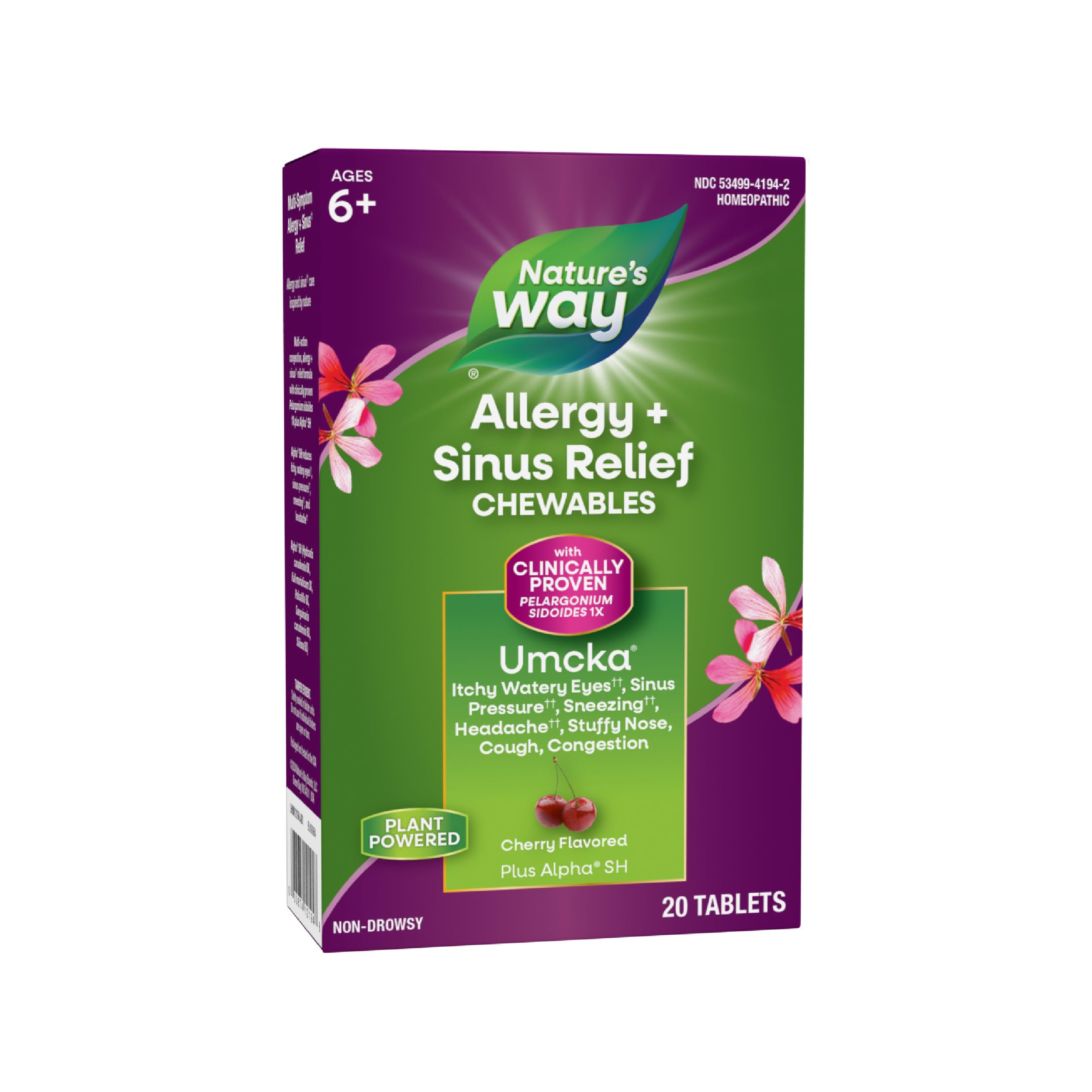 Natures Way Allergy+Sinus Relief Chewables, Umcka, Sneezing*, Runny Nose*, Headache*, Cough, Congestion, No Phenylephrine, Non-
