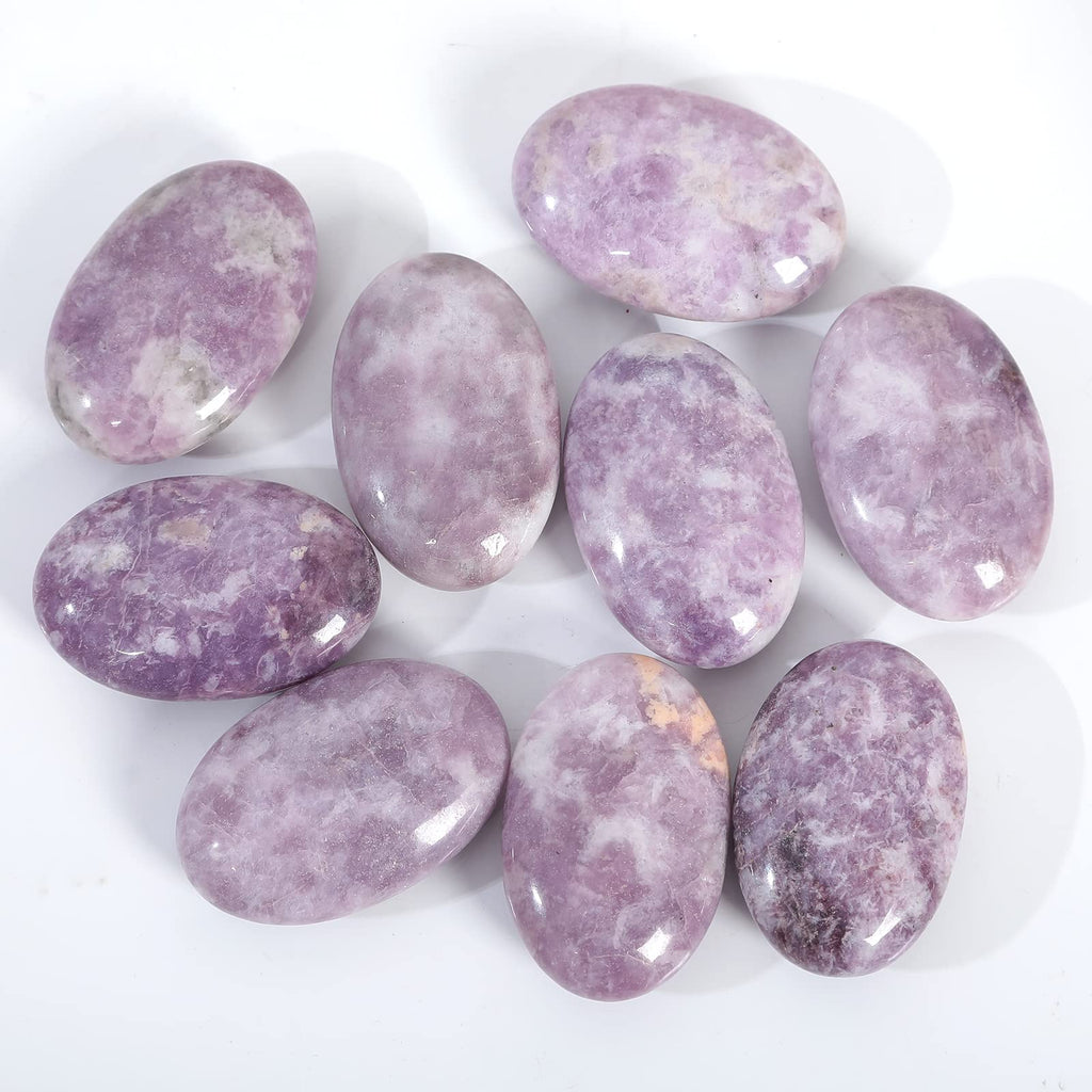 Loveliome Natural Purple Lepidolite Oval Polished Worry Stones, Healing Crystal Indoor Fountain Stones Massage Energy Anxiety Re
