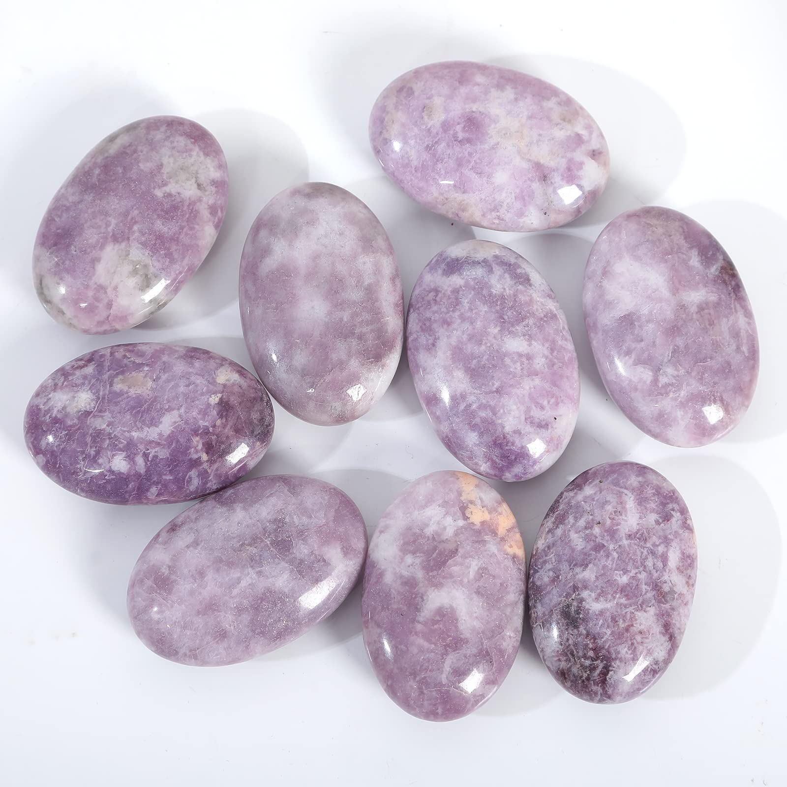 Loveliome Natural Purple Lepidolite Oval Polished Worry Stones, Healing Crystal Indoor Fountain Stones Massage Energy Anxiety Re