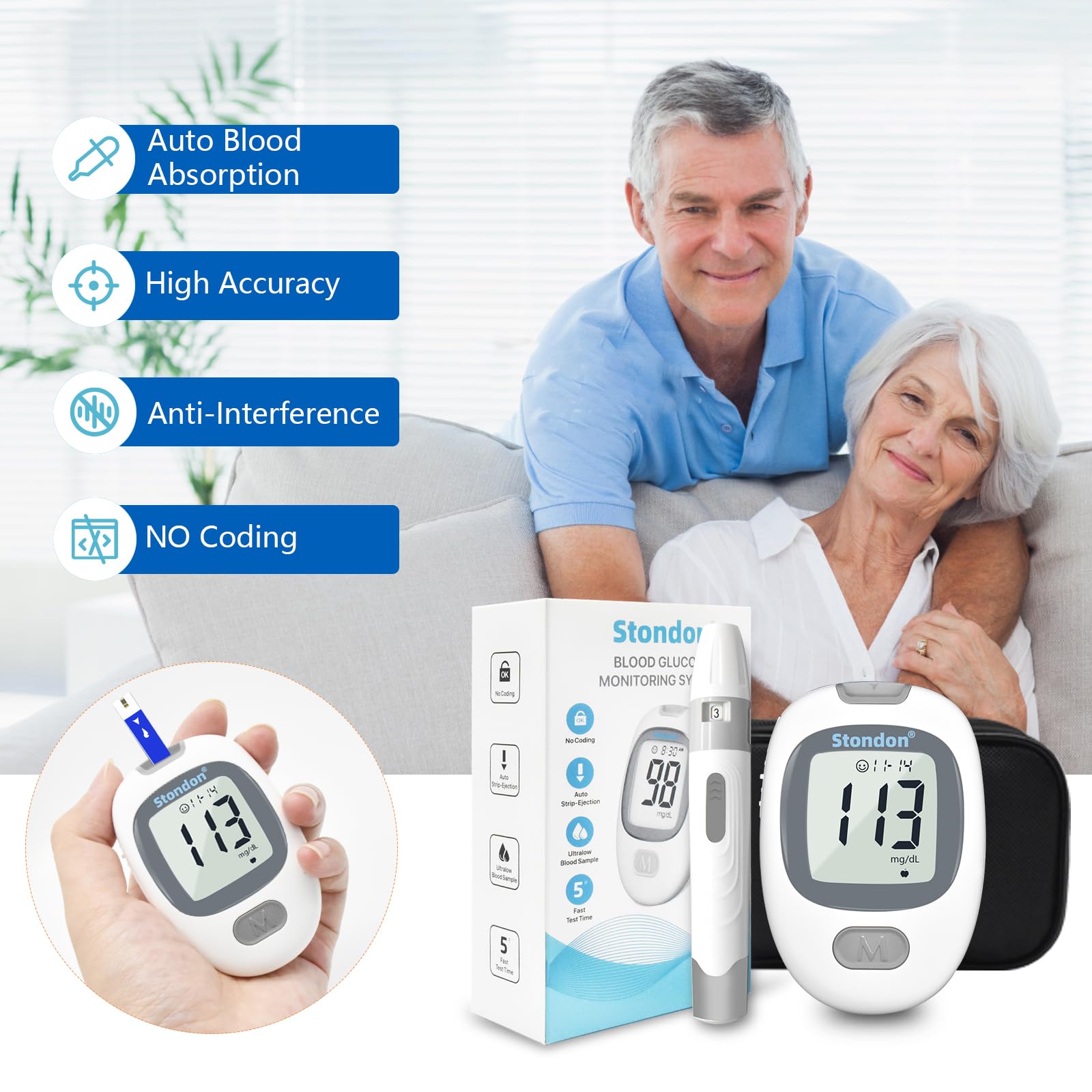 Stondon Blood Glucose Monitor Kit,Blood Sugar Testing kit,Diabetes Testing Kit, Blood Glucose Meter, 100 Glucometer Strips, 100