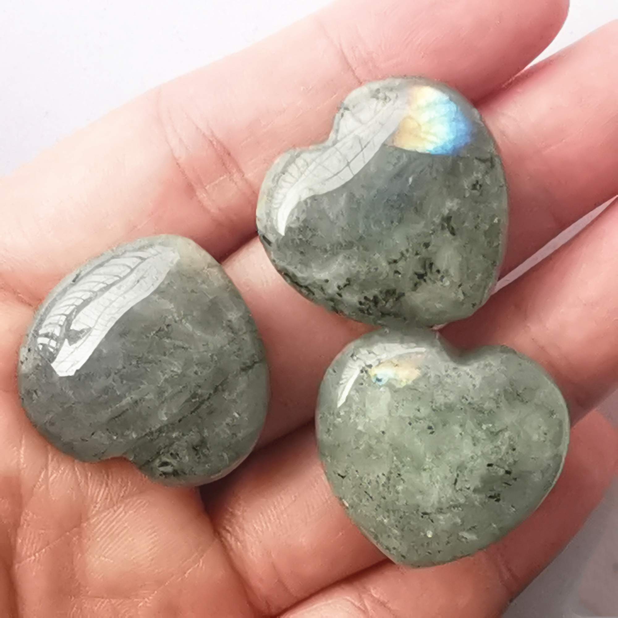 Bacatgem 3 Pcs Natural Moonstone Pocket Palm Thumb Healing Crystal Heart Love Worry Stones,1 inches Reiki Balancing Crystal and