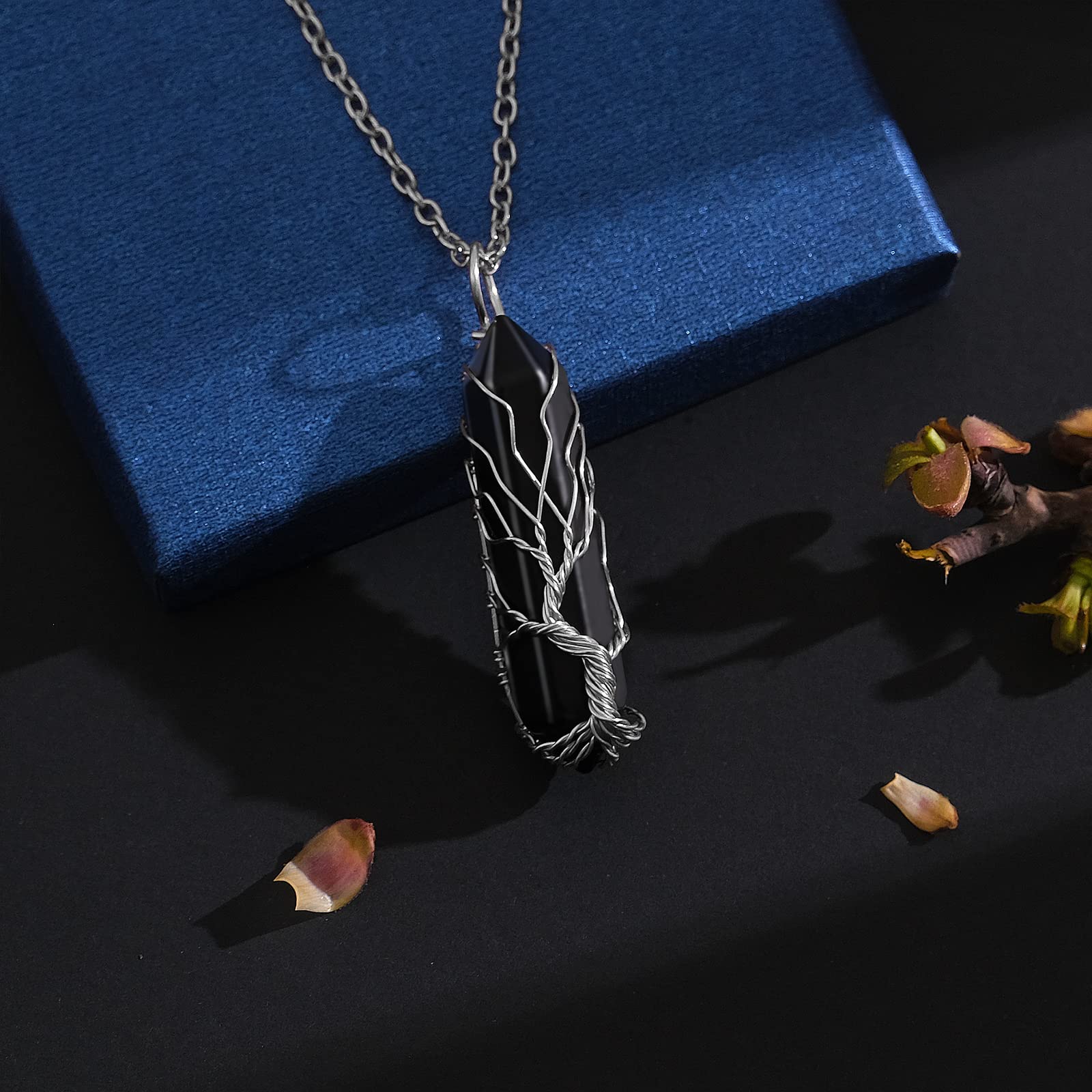 VIBILIA Healing Crystal Necklace Tree of Life Wire Wrapped Natural Black Agate Stone Point Pendant Necklace Hexagonal Reiki Spir