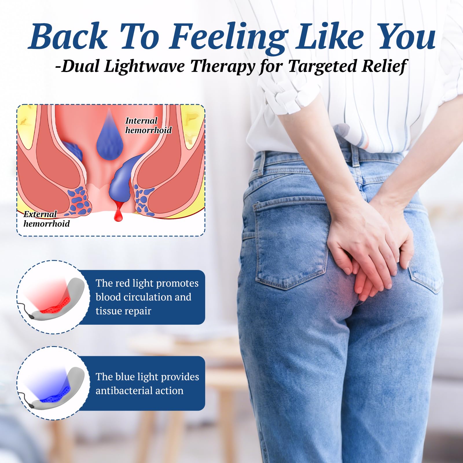 PUPCA Portable Hemorrhoids Treatment Device, Reusable Red Blue Light Therapy for Hemorrhoids, Swelling, Postpartum for Long Sitt