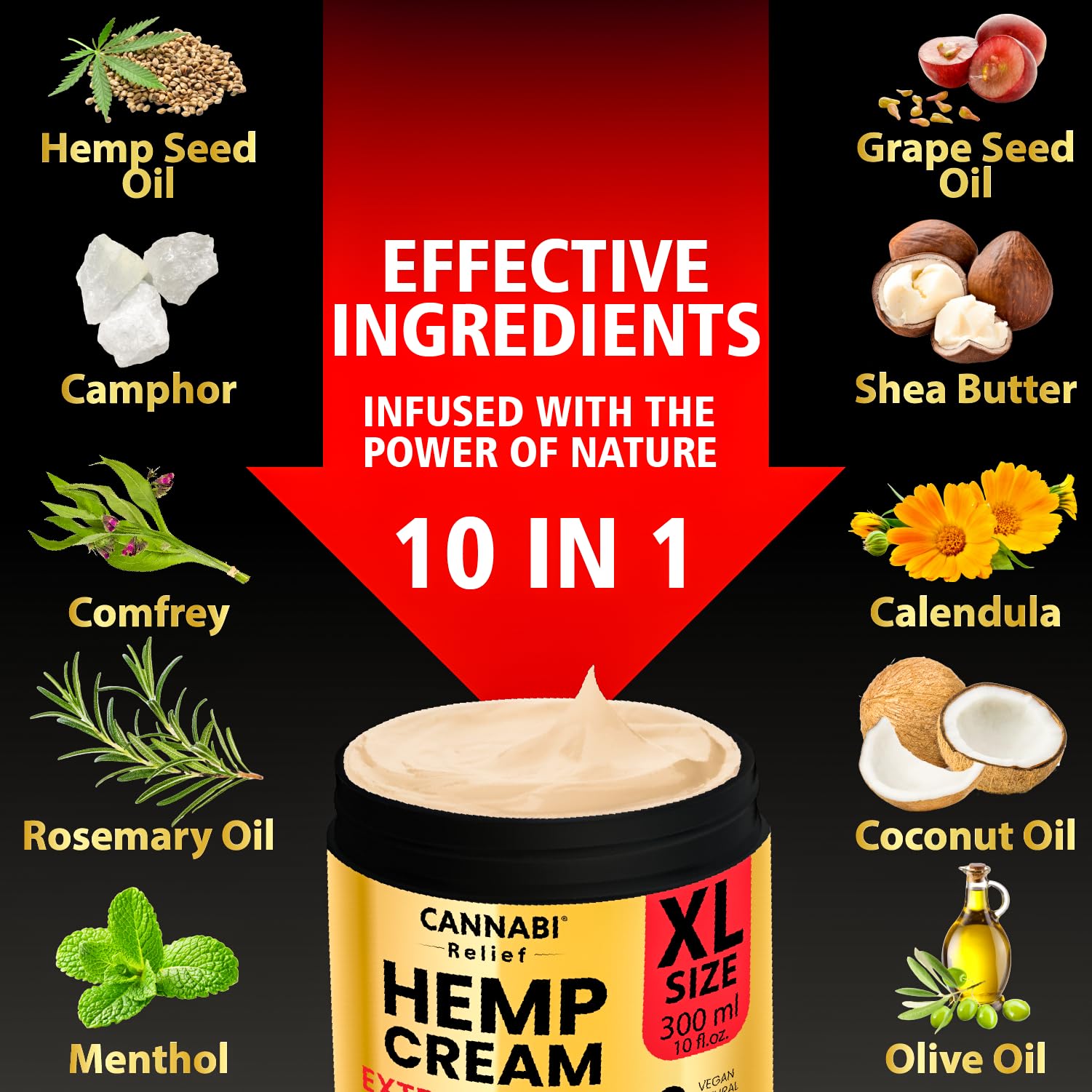 ??nn?b? R?l??f Hemp Cream Maximum Strength 10.14 FL. OZ - Relieve Muscles, Joints, and Back Target Area - 10-in-1 Potent Formula
