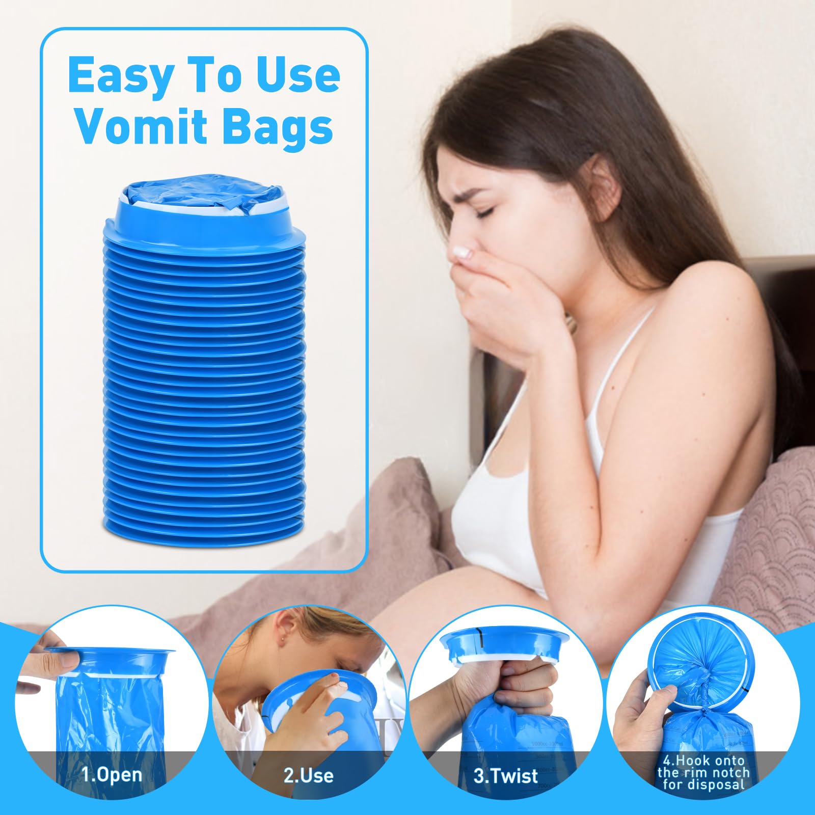 Diubwse 24 Pack Vomit Bags Disposable, 1000ml Emesis Bags, Leak Resistant, Medical Grade, Portable, Barf Bags, Puke Bags for Hos