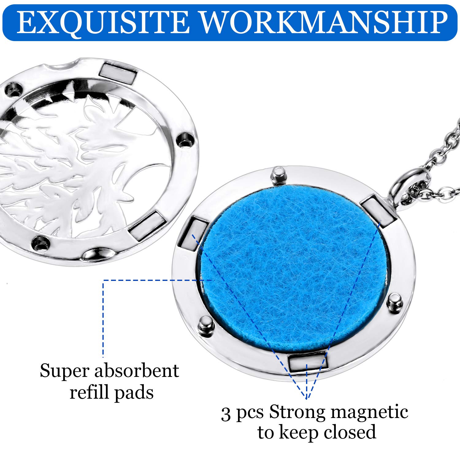 Hicarer 4 Pieces Essential Oil Necklace Diffuser Oil Pendant Locket Aromatherapy Pendant Perfume Oil Jewelry Necklace with 14 Re