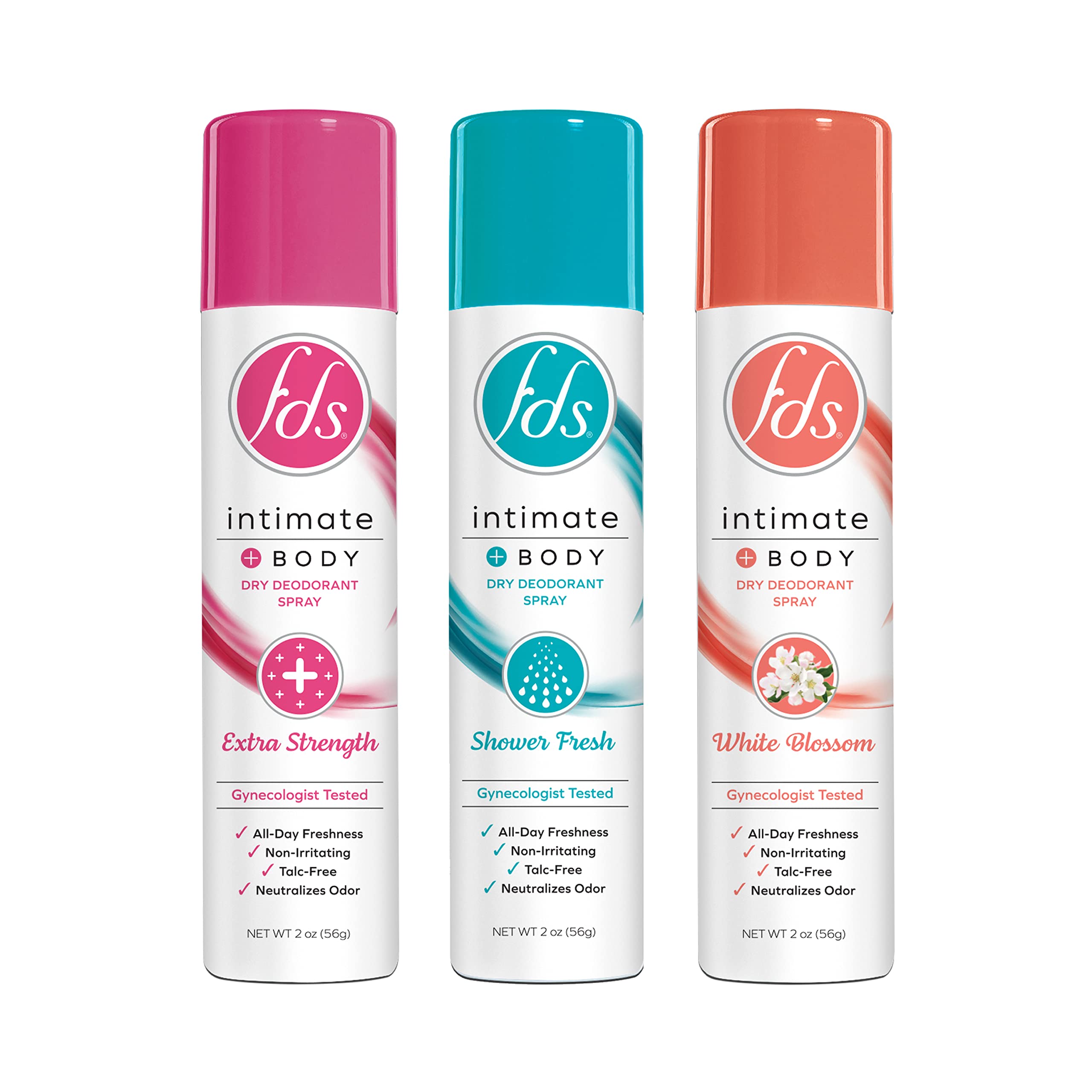 FDS Intimate Deodorant Feminine Spray for All Day Freshness & Odor Protection, Variety Pack Shower Fresh + White Blossom, pH-bal