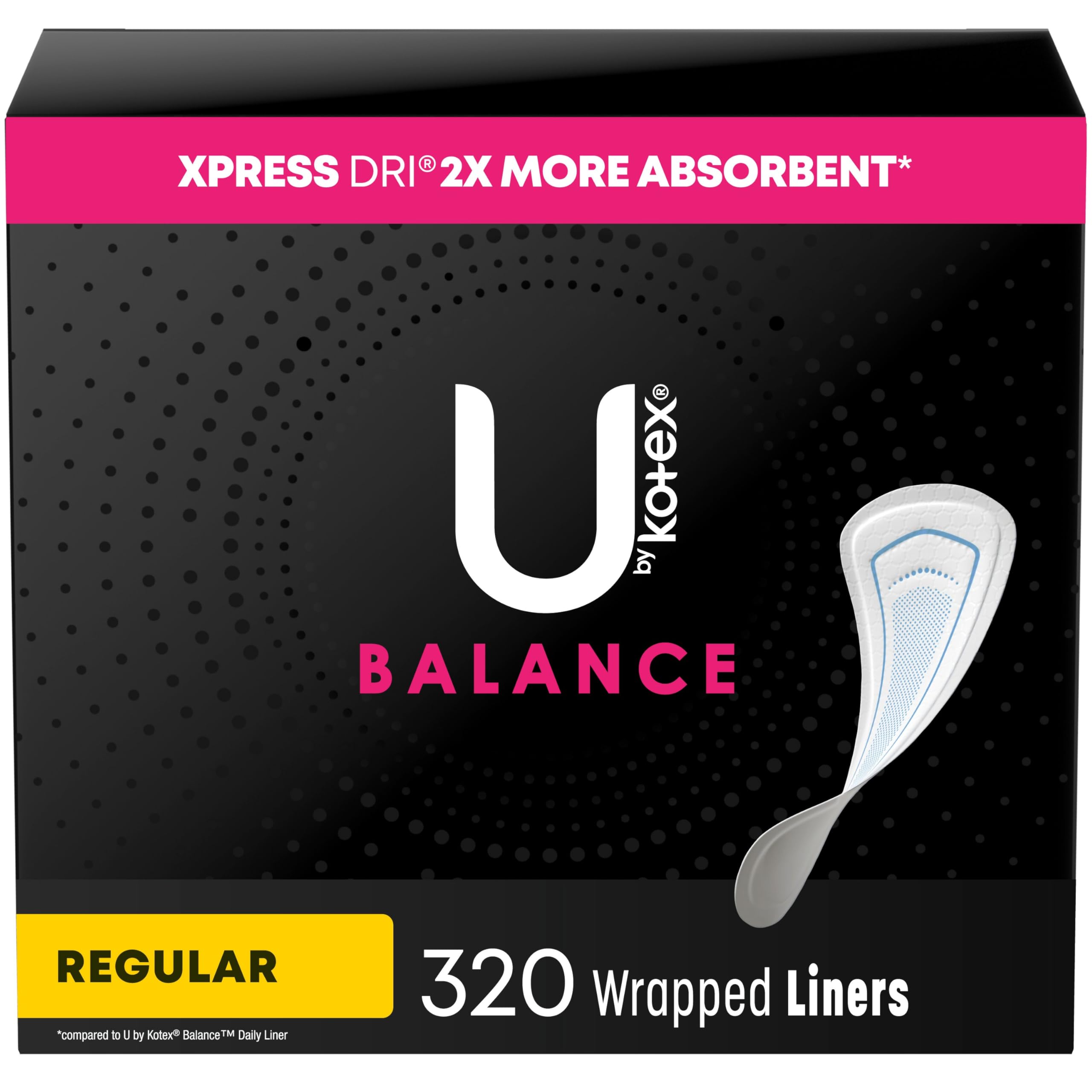 U by Kotex Balance Wrapped Panty Liners, Regular Length, 320 Count (8 Packs of 40) (Packaging May Vary)
