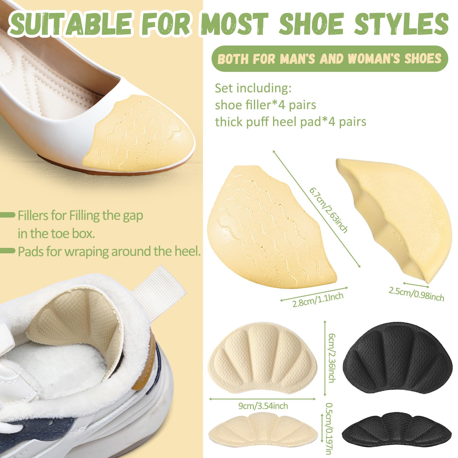 Cuffbow 8pcs Shoe Filler and Heel Pad Set Toe Cushion Fillers for Too Big Shoes Heel Cushions for Women Toe Inserts Size Reducer