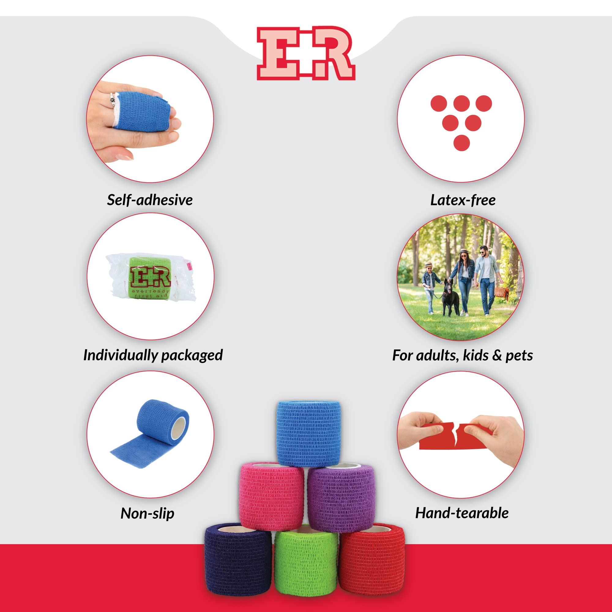 Ever Ready First Aid Self Adherent Cohesive Bandages 2 x 5 Yards - 6 Count, Rainbow Colors