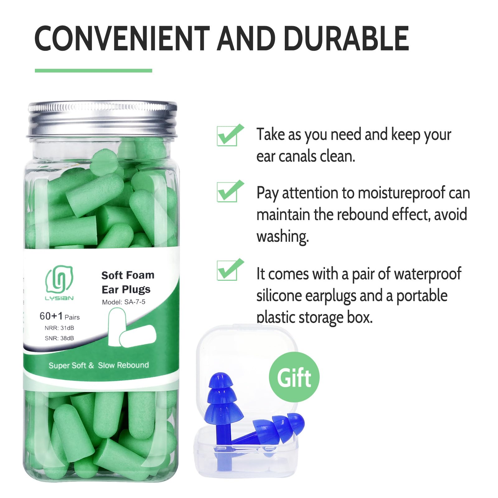 LYSIAN Ultra Soft Foam Earplugs for Sleep Sound Proof-38dB SNR Noise Free Ear Plugs for Sleeping Noise Cancelling, Snoring, Shoo